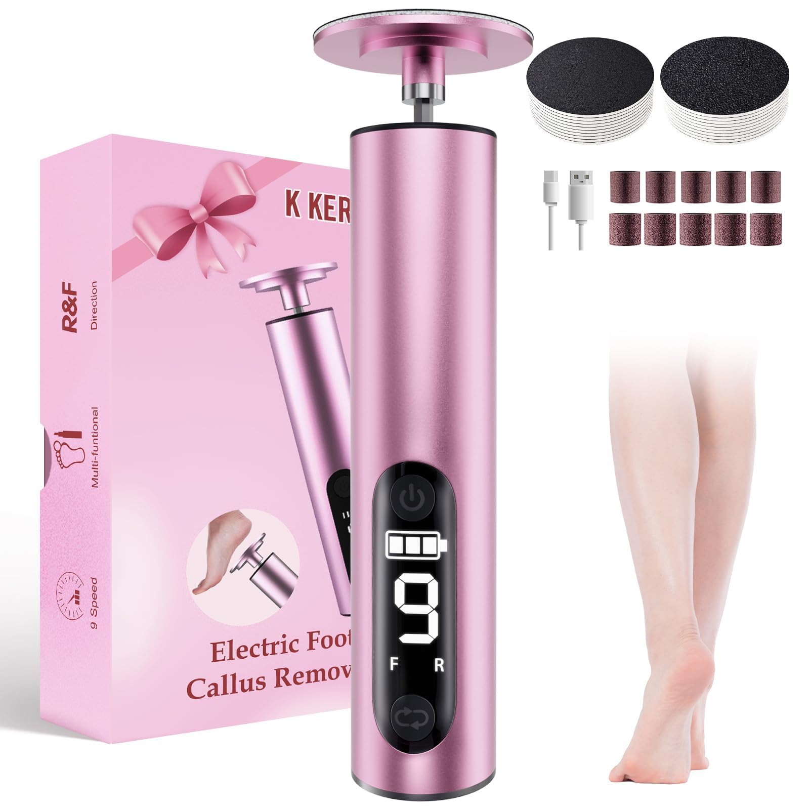 K KERNOWO Electric Foot Callus Remover - 2-in-1 Rechargeable Pedicure Tool with 9 Adjustable Speeds & 30 Sandpapers - Powerful Wireless Foot Scrubber for Dead Skin & Nail Care - Perfect for Home Pedicure, Foot Spa & Professional Salon Use