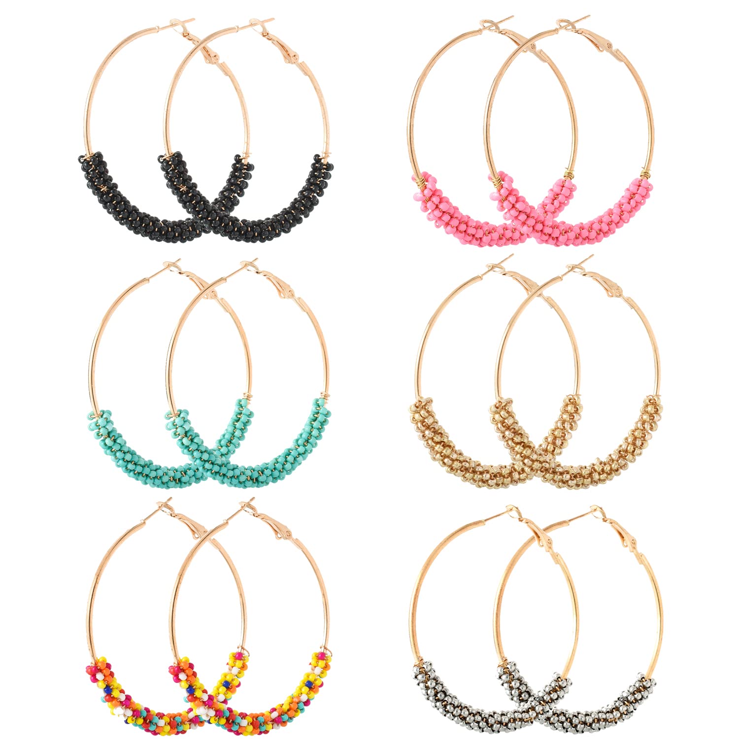 Jinxiuge 6-Pair Boho Flower Beaded Hoop Earrings Set - Handmade Round Dangle Earrings for Women | Perfect for Summer Festivals, Beach Vacations & Boho Chic Outfits