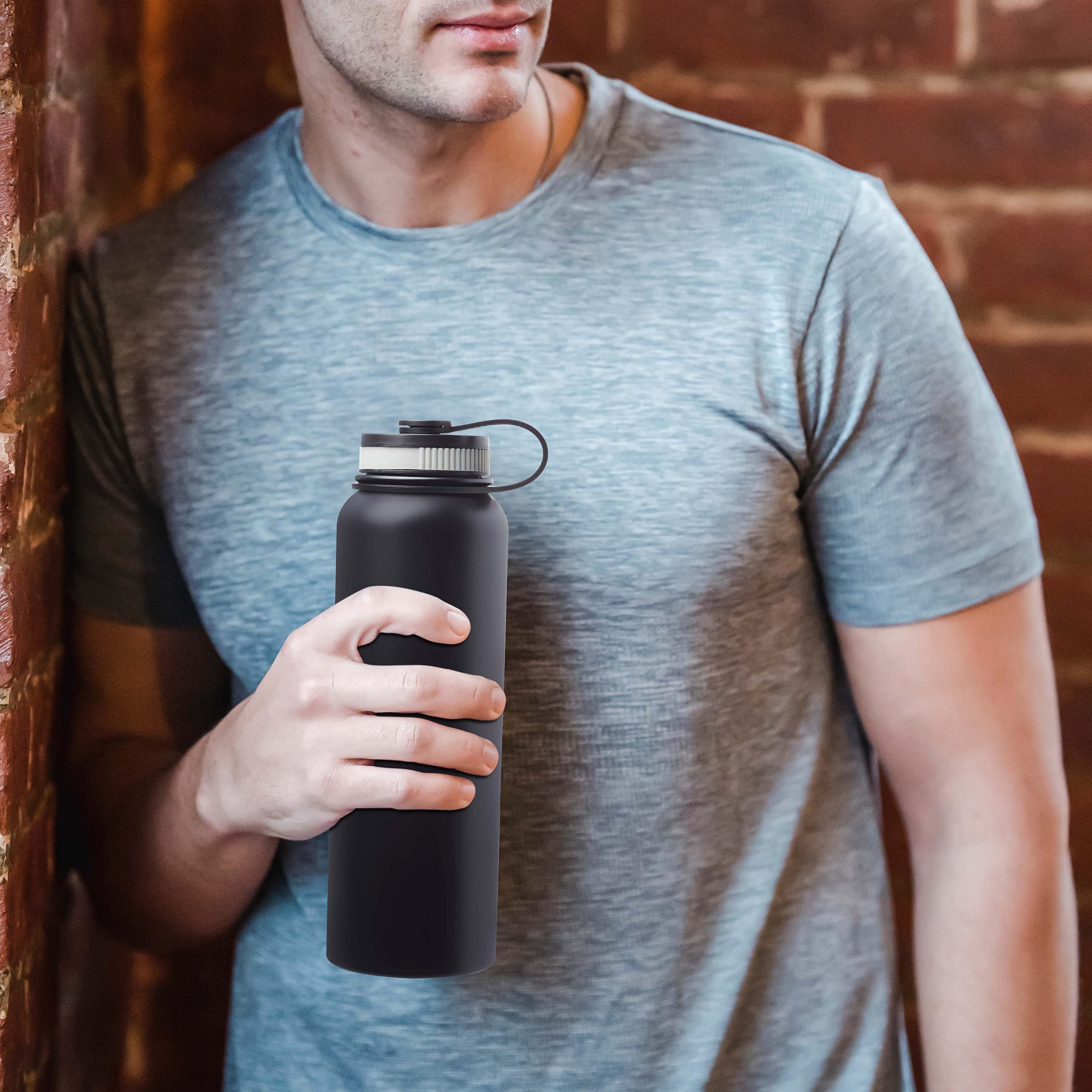 6 Pack 41 oz Stainless Steel Vacuum Insulated Water Bottles - Double Wall Thermal Design, Custom Text & Logo, Black - Perfect for Gym, Hiking, Camping & Office Use