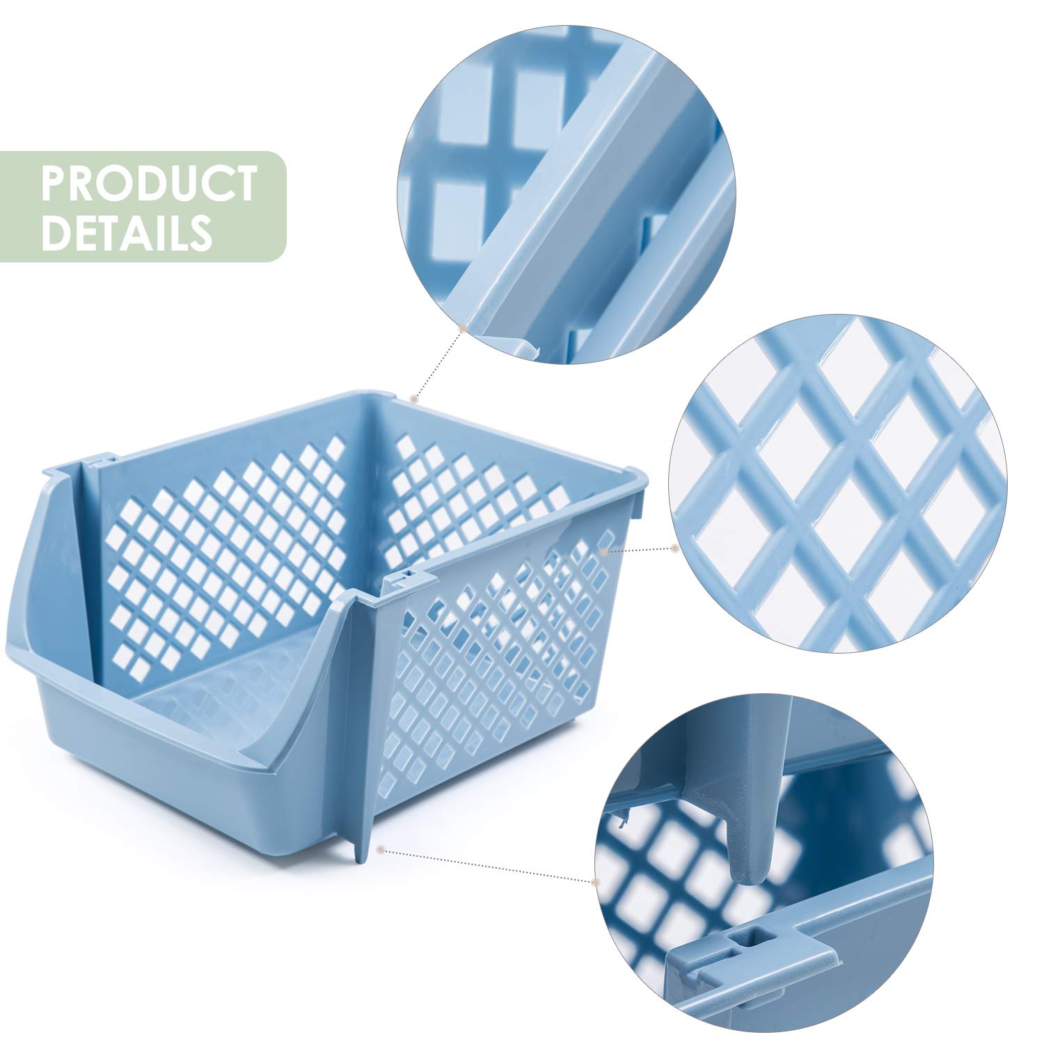 4-Piece Stackable Plastic Storage Baskets - Organizer Bin for Food, Snacks, Toys & Toiletries - Space-Saving Home & Kitchen Organization Solution (Blue) - Perfect for Pantry, Bathroom, Kids Room & Office Use