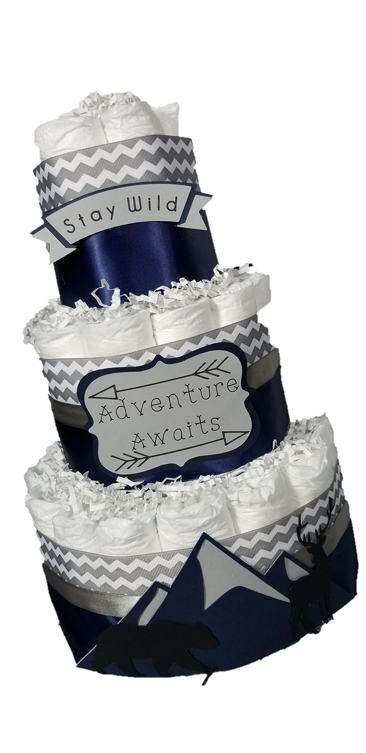 3 Tier Mountain Diaper Cake for Baby Shower - Blue Boy Baby Shower Gift, Diaper Tower Centerpiece for Nursery Decor & Gender Reveal Party