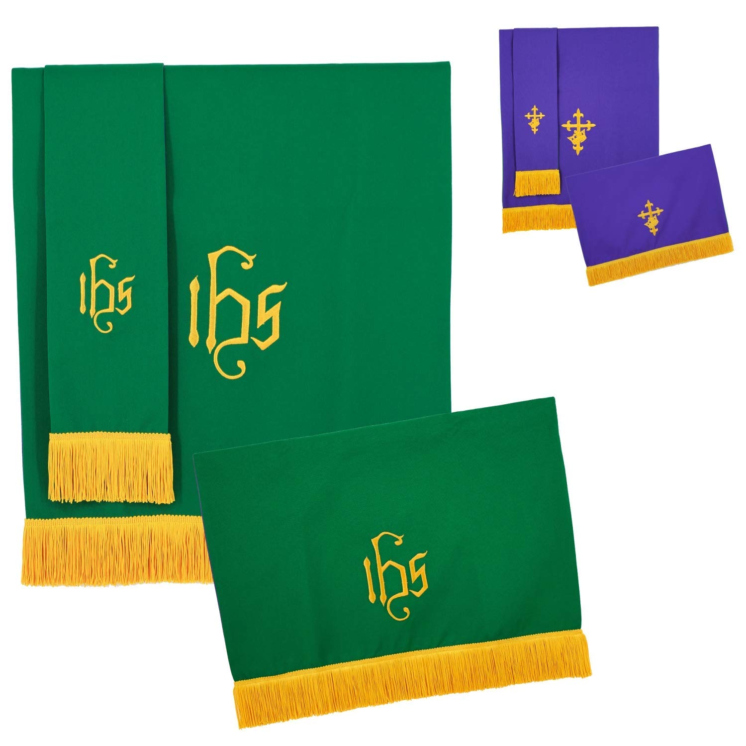 GraduatePro Reversible Parament Set of 3 - Light Green & Purple Embroidered Cross IHS for Church Altar Decor, Pulpit & Lectern Cover, Christian Worship Supplies