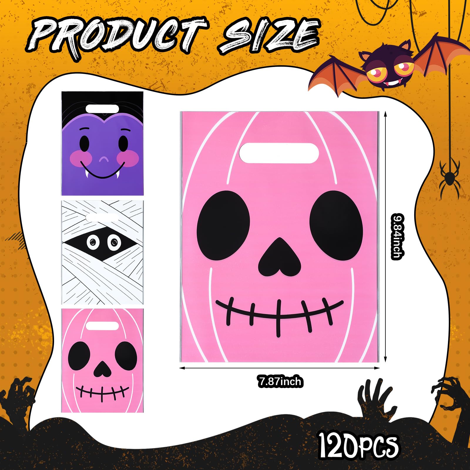 Qilery 120 Pcs Halloween Plastic Treat Bags with Handles - Bulk Candy Goodie Bags for Halloween Party Favors, Trick or Treat, Classroom Gifts & Themed Events (Bright Colors, Cute Designs)