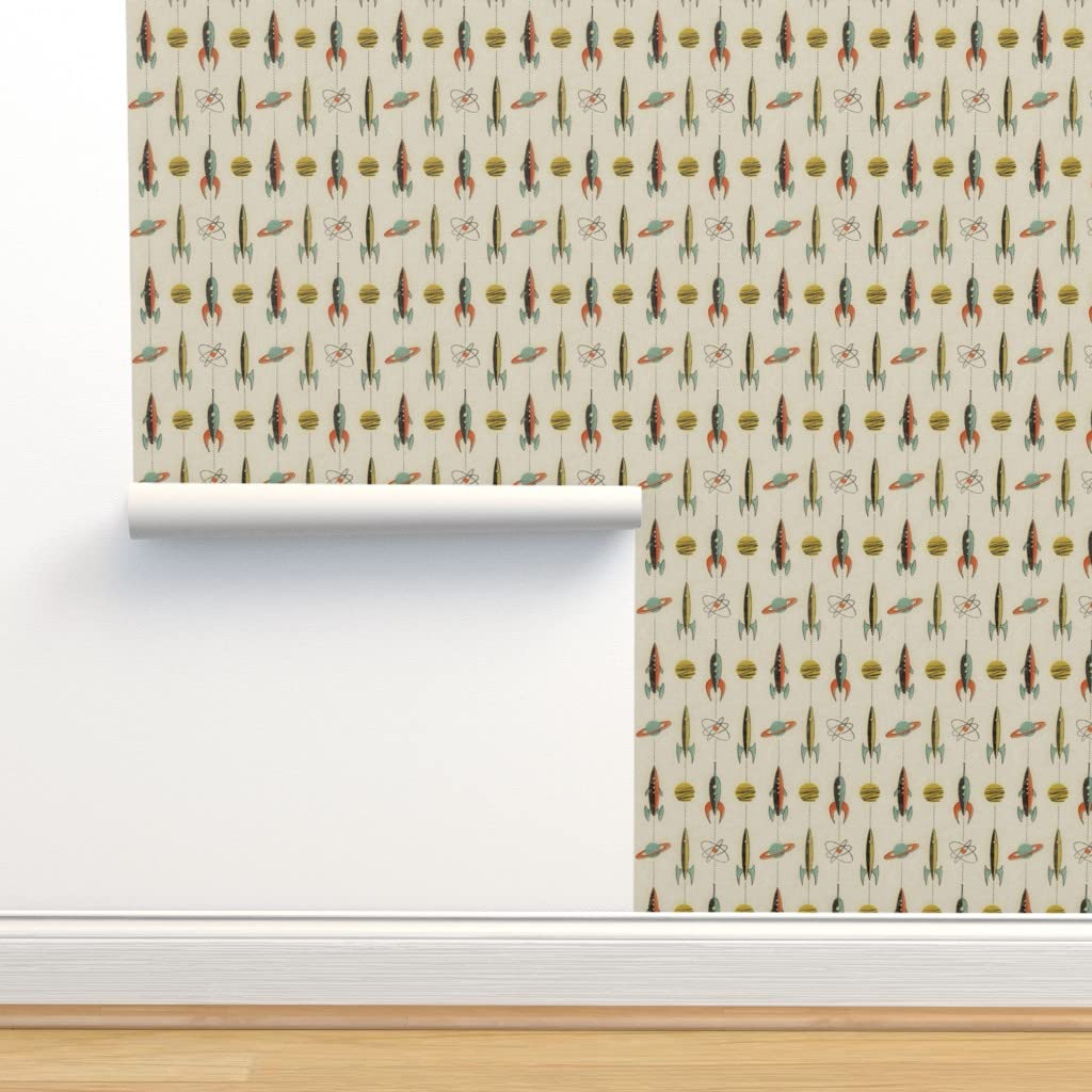 Retro Rocket Space Planet Peel & Stick Wallpaper Swatch - Mid Century Modern Vintage Nursery Galaxy Design - Custom Removable Wallpaper by Spoonflower - Perfect for Kids' Rooms, Playrooms & Space-Themed Decor