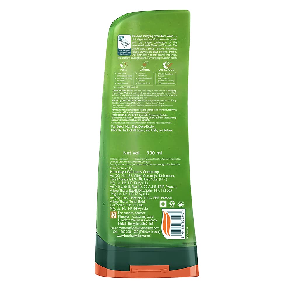 Himalaya Herbals Purifying Neem Face Wash 300ml - Deep Cleansing for Acne & Oily Skin - Natural Ayurvedic Formula - Perfect for Daily Skincare Routine & Travel