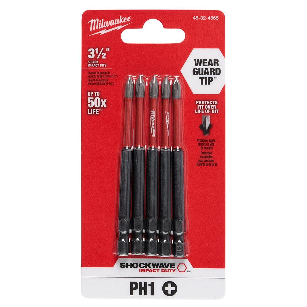 Milwaukee SHOCKWAVE #1 Phillips Impact Driver Bits (5-Pack) - 3.5 Inch Length - High Torque Screwdriver Bits for Drills & Impact Drivers - Perfect for Construction, Woodworking & DIY Projects