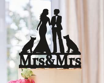 Custom Lesbian Wedding Cake Topper with Two Dogs - Personalized Silhouette Mrs & Mrs Cake Decor for LGBTQ+ Weddings & Anniversaries