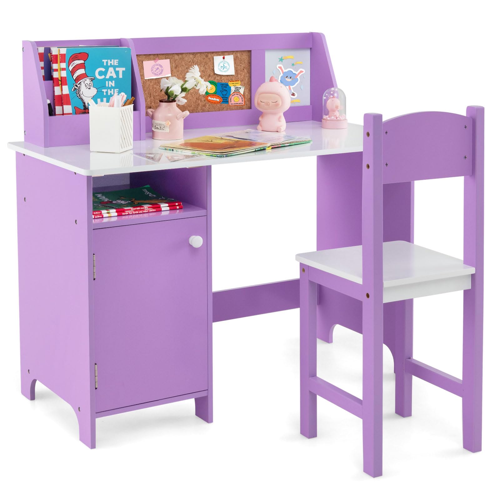 HONEY JOY Kids Desk and Chair Set - Wooden Study Table with Whiteboard, Hutch & Storage Shelves | Ergonomic Student Writing Desk & Computer Workstation for Bedroom | Perfect for Homeschooling, Online Learning & Arts & Crafts (Ages 3+, Purple)