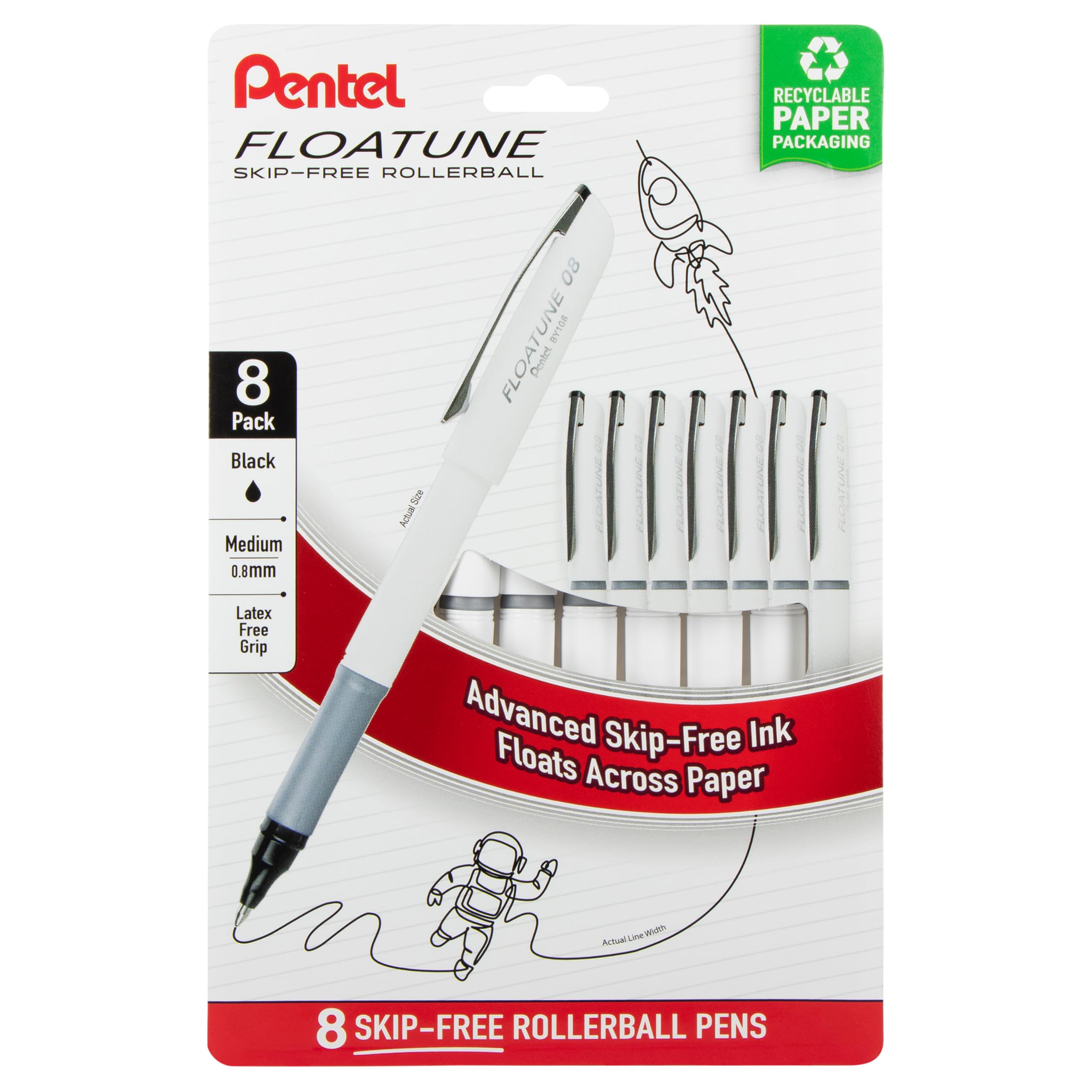 Pentel Floatune Rollerball Pens 0.8mm Medium Point Black Ink - 8 Pack (BY108PF8A) - Smooth Writing for Office, School & Note Taking