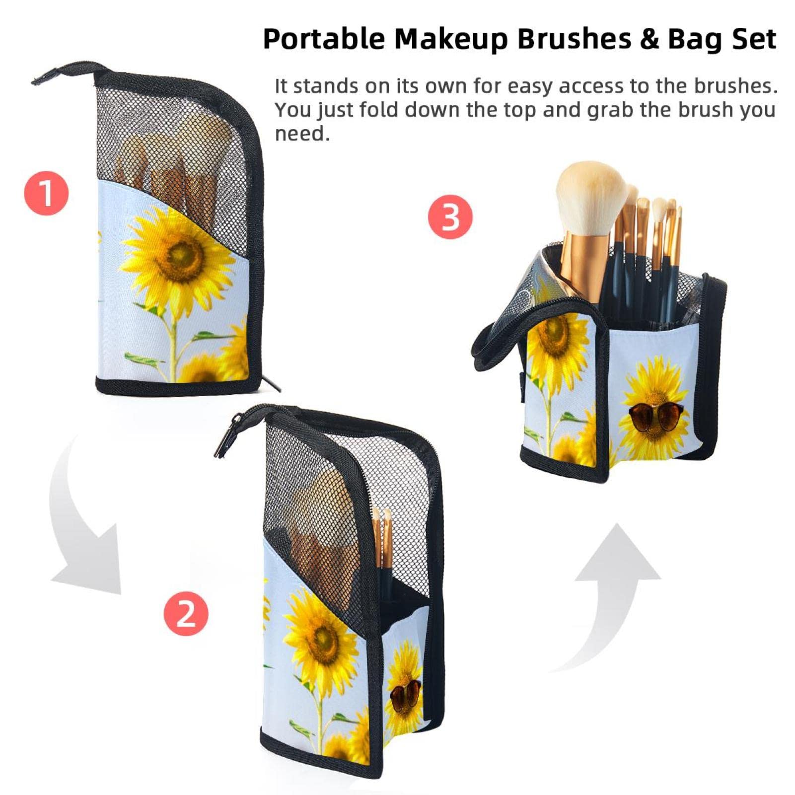 12-Piece Makeup Brush Organizer Bag with Sunflower Sunglasses Design - Portable Cosmetic Brush Holder Case for Travel & Home Storage