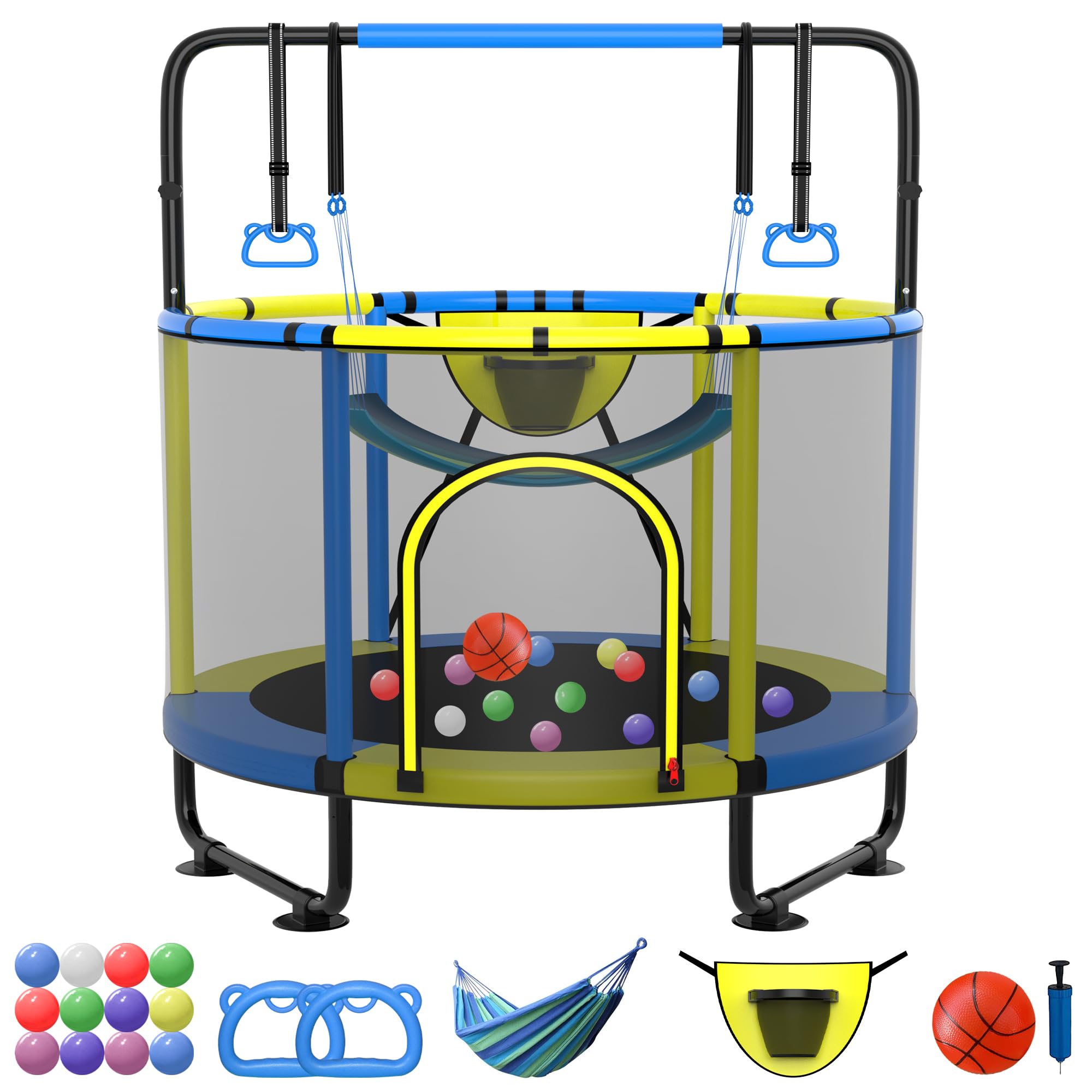 SKYUP 4.5/5/5.5FT Kids Trampoline with Safety Net - 400LBS Capacity Toddler Trampoline Set with Swing, Adjustable Gymnastics Bars & Basketball Hoop - Indoor/Outdoor Mini Trampoline for Boys & Girls Ages 3-8 | Perfect Birthday Gift & Backyard Play Equipment
