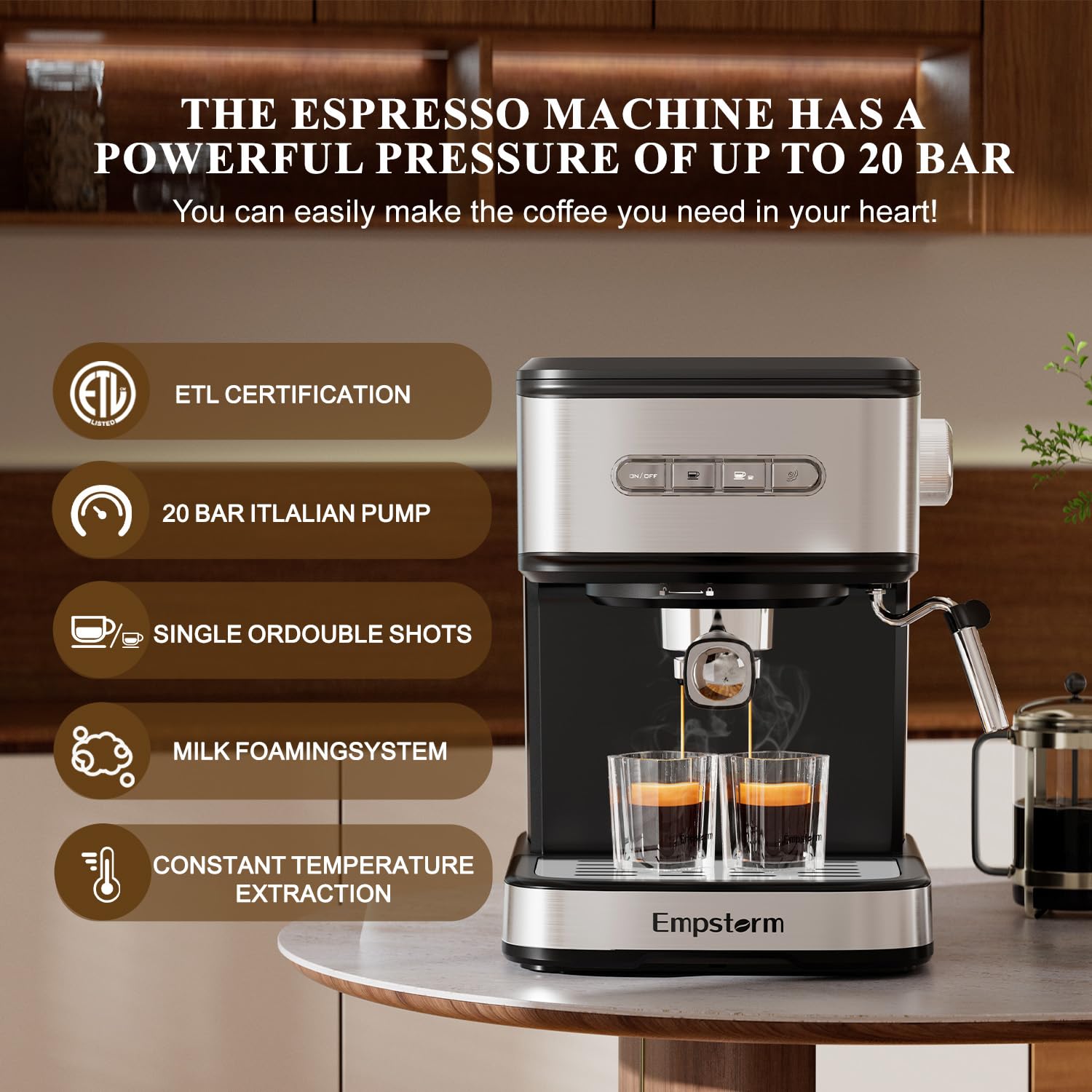 20 Bar Professional Espresso Machine with Milk Frother Steam Wand - Automatic Shut-off, Perfect for Home Baristas & Coffee Lovers - Make Lattes, Cappuccinos & More for Breakfast, Office or Cafe Use