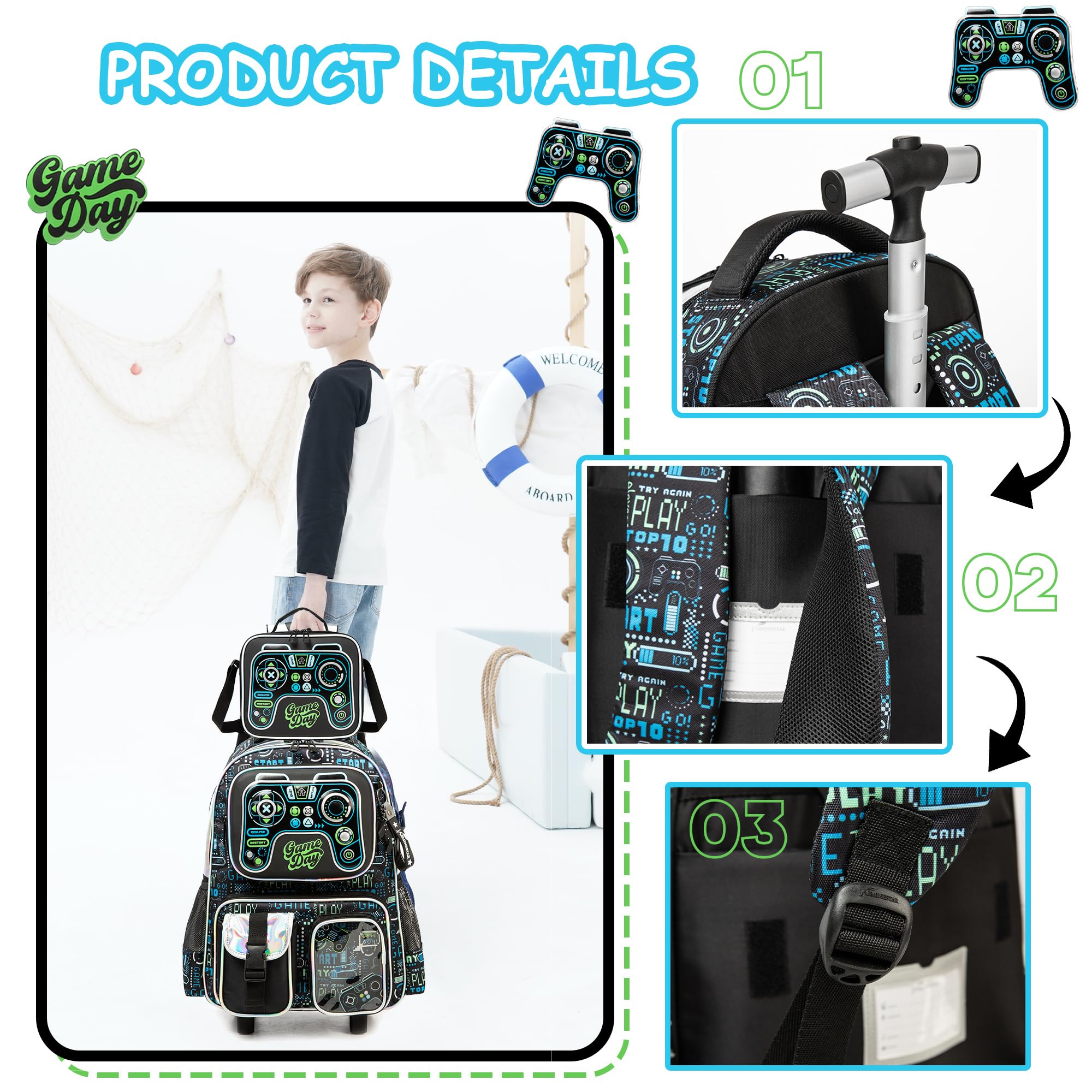 Meetbelify Kids Rolling Backpack with Wheels - 3-in-1 School Travel Luggage for Boys Age 8-10 | Includes Lunch Box & Suitcase Features | Perfect for Elementary Students, Airplane Trips & Daily Commute