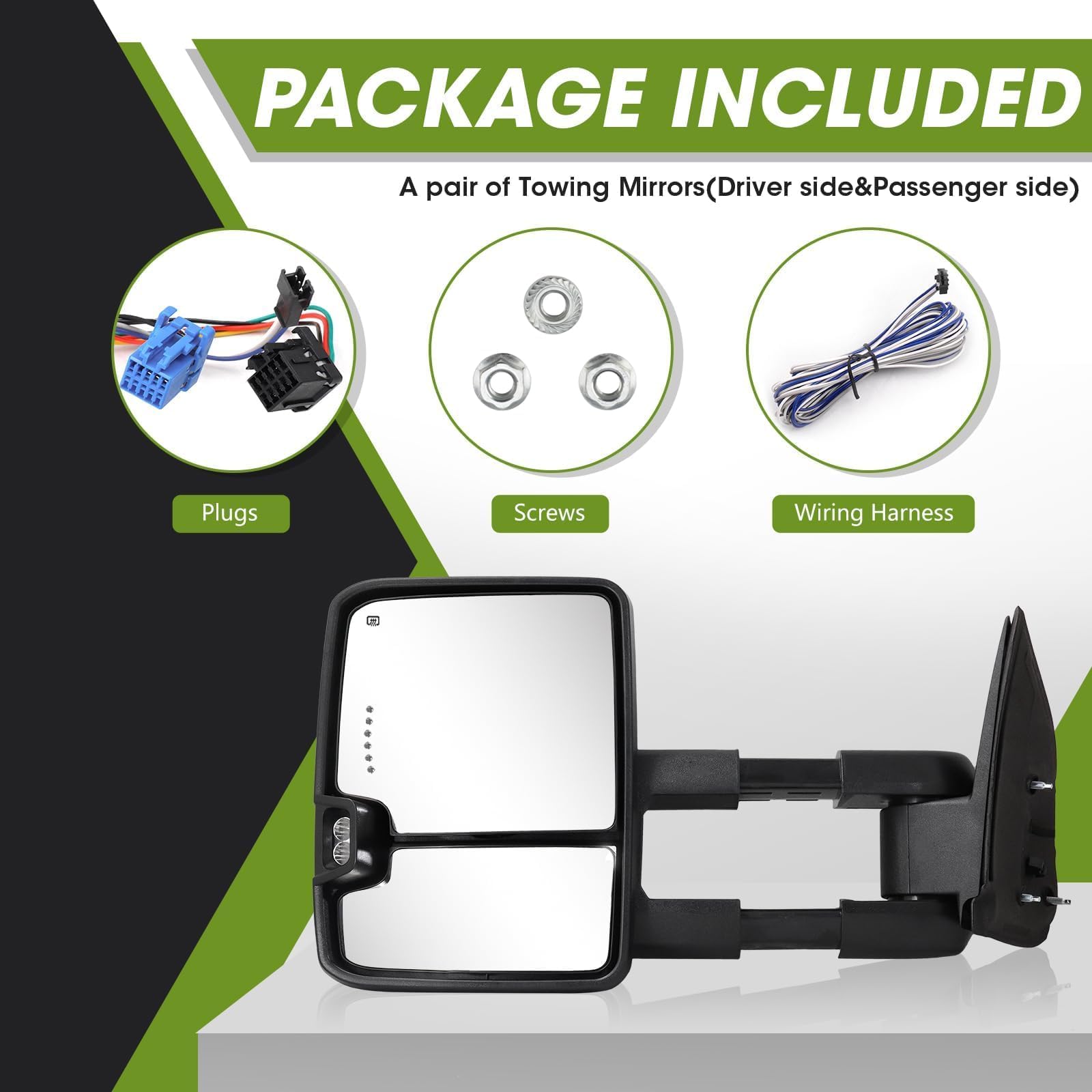 2003-2007 Chevy Silverado GMC Sierra Switchback Towing Mirrors - Power Heated Extendable Side Mirrors with Dynamic Turn Signal, Running Light & Backup Lamp (Black) - Perfect for Towing, Camping & Off-Road Adventures