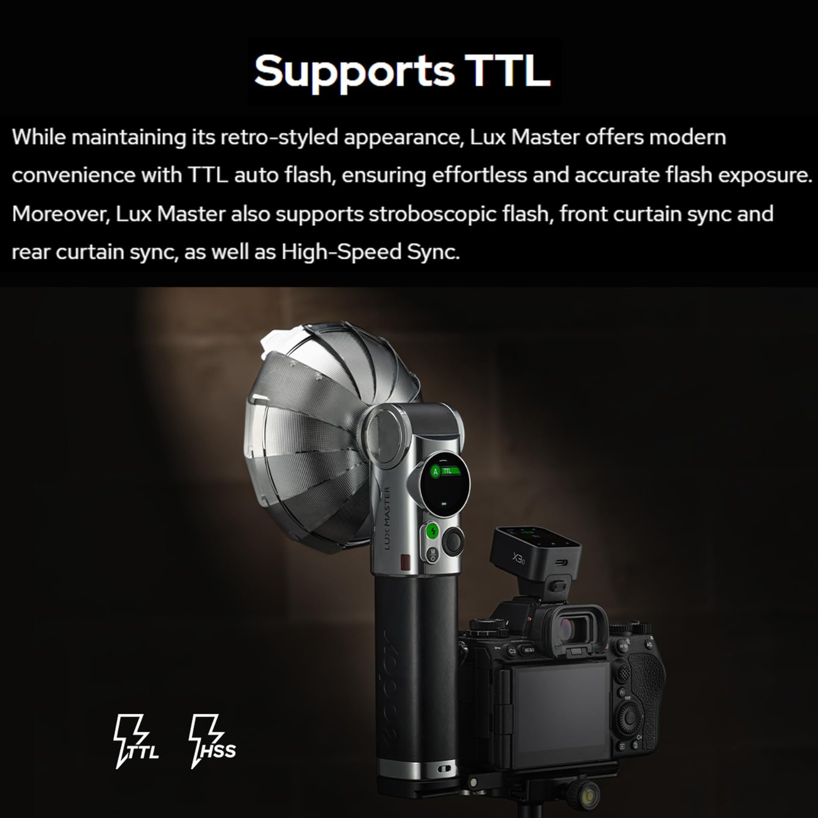 Godox Lux Master Retro TTL Touchscreen Flash with X3-O Trigger for Olympus & Panasonic Cameras - GN25 460 Full Power, 6000K-300K CCT, S1/S2 Optical Control, 2.4G Wireless Speedlight - Perfect for Portrait, Wedding & Studio Photography