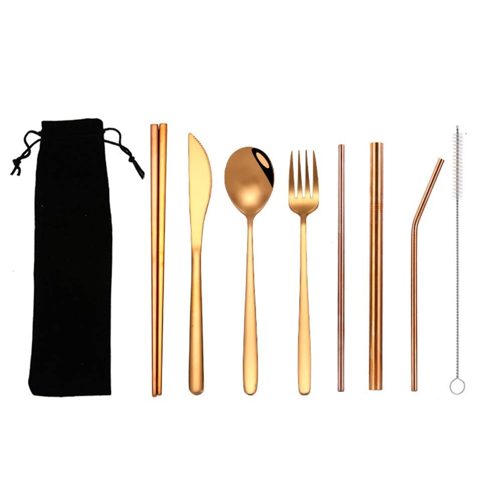 Sevend Reusable Stainless Steel Flatware Set - 8-Piece Portable Utensils for Office Lunch & Camping (Knife, Fork, Spoon, Straw) | Eco-Friendly Travel Cutlery for Picnics, Hiking & Daily Commute