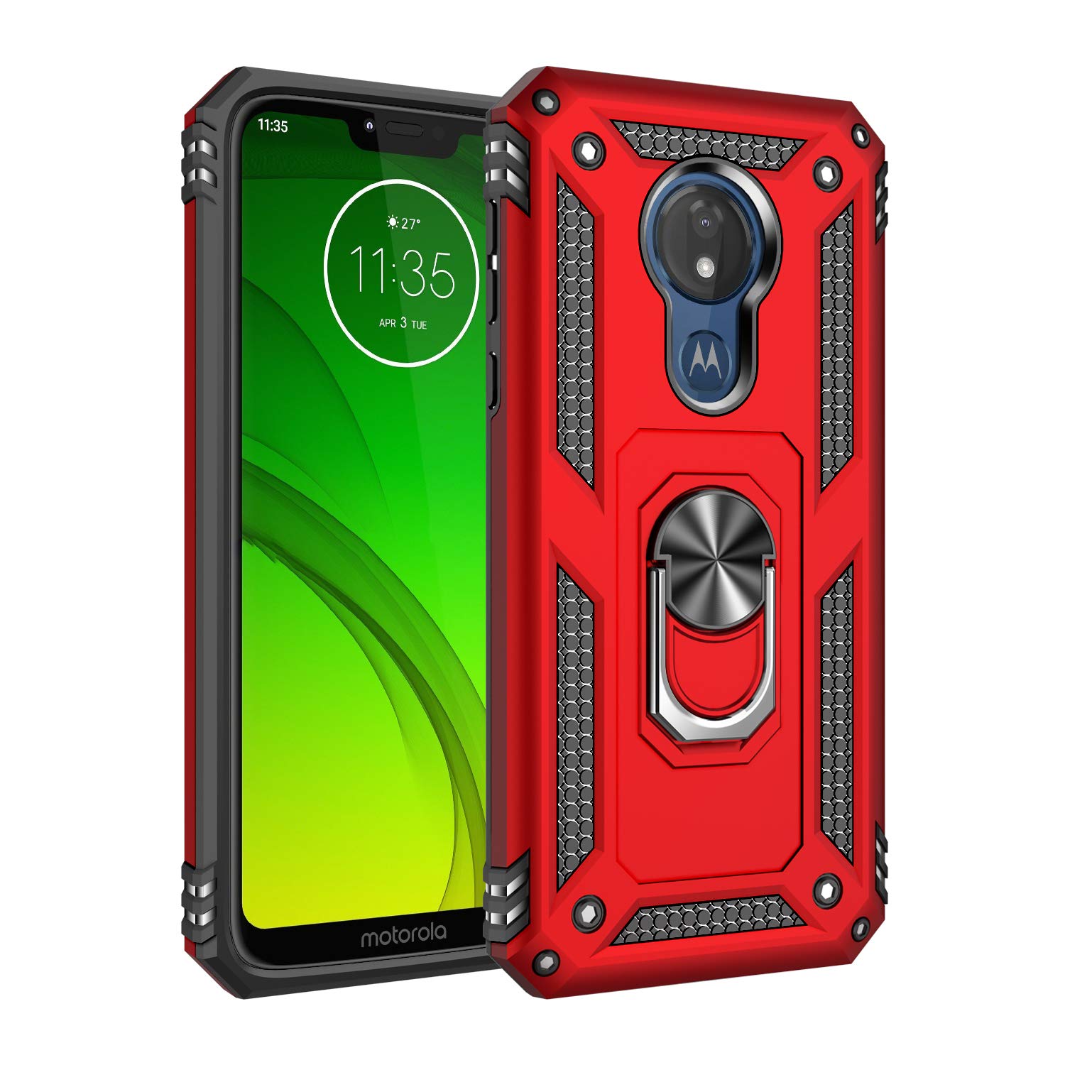 360° Rotating Ring Holder Kickstand Case for Motorola Moto G7/G7 Plus (T1962-1/T1962-4/T1962-5/T1962-6/XT1965-2/XT1965-3) - Shockproof Protective Phone Cover with Stand - Perfect for Workouts, Commuting & Hands-Free Viewing (Red)