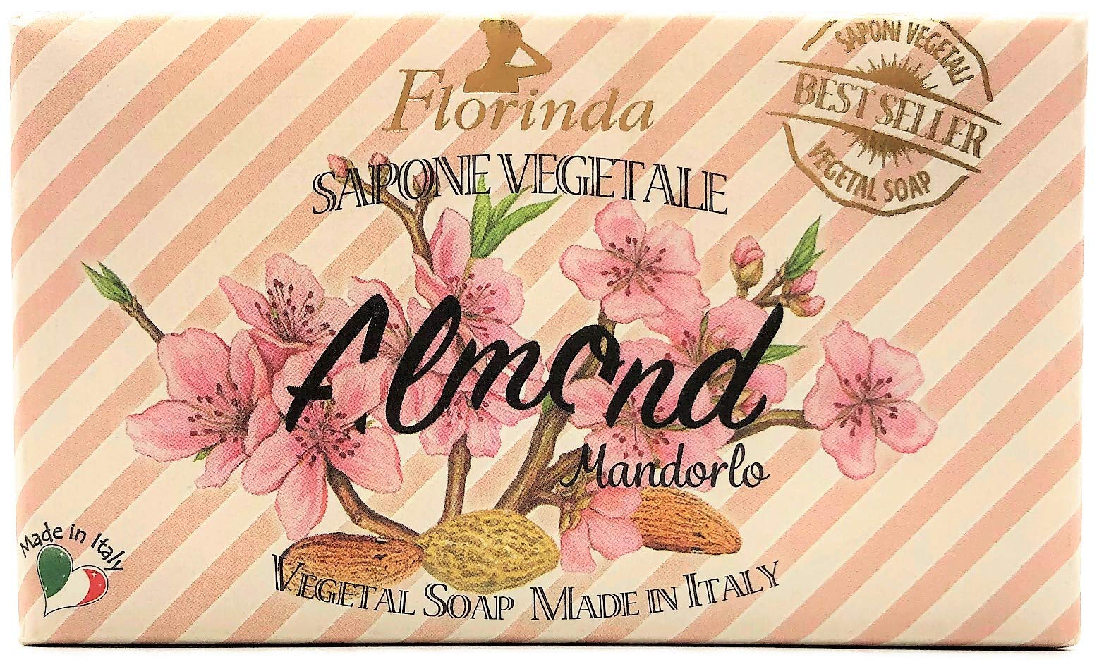 Florinda Italian Vegetable Soap - 100% Natural Almond Scented Bar Soap (10.56 oz) Made in Italy | Gentle Cleansing for Face & Body | Perfect for Sensitive Skin & Eco-Friendly Bath Routine