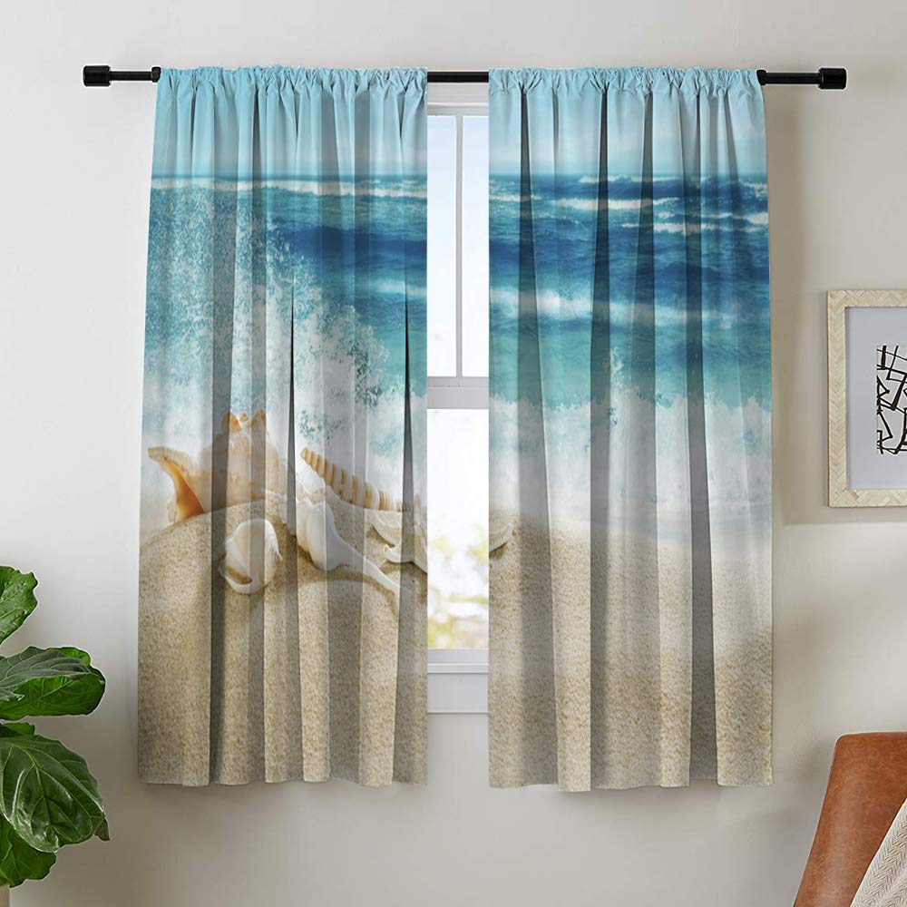 Misscc Blackout Curtains 52x63 Inch - Room Darkening Window Drapes for Bedroom, Living Room, Kitchen & Cafe - Tropical Beach Shells & Waves Print Light Blocking Curtain Panels (Set of 2) - Perfect for Home Decor, Privacy & Sun Protection
