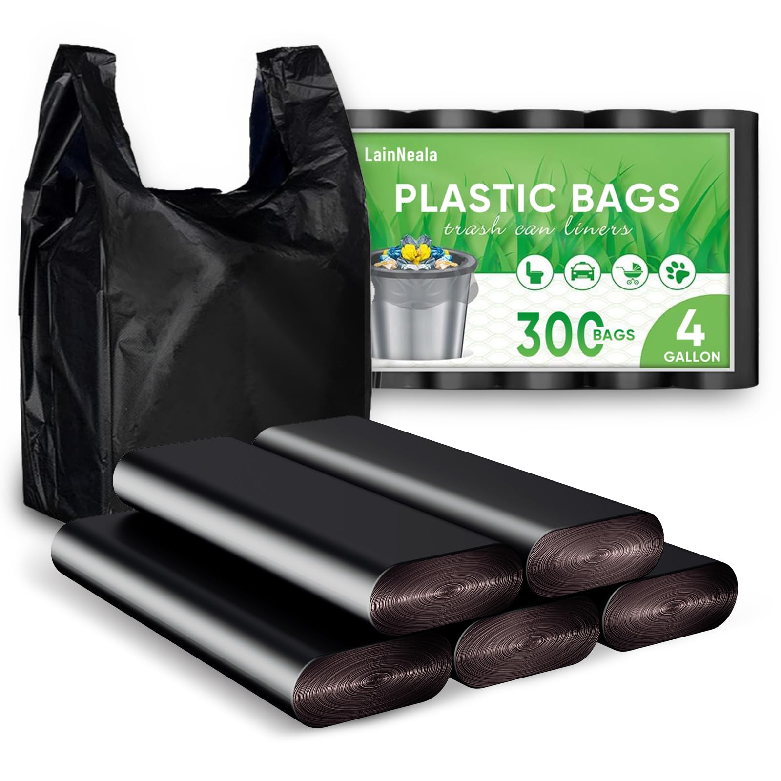 300 Pack Black Plastic Bags with Handles 11.5