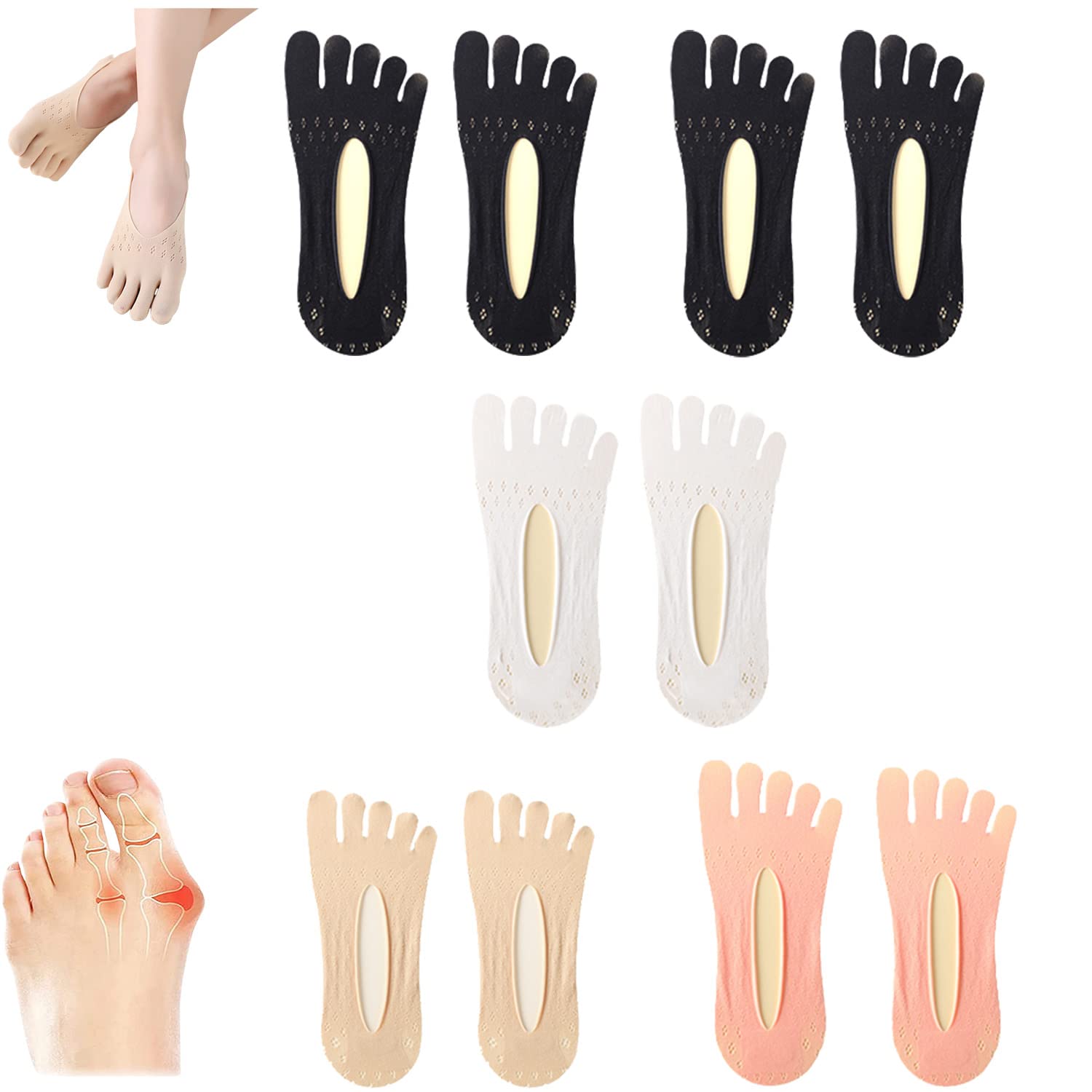 Orthopedic Compression Toe Socks for Women & Men - Non-Slip Silicone Grip Yoga Socks, Breathable No-Show Socks for Plantar Fasciitis Relief - Perfect for Yoga, Pilates, Running & Daily Comfort