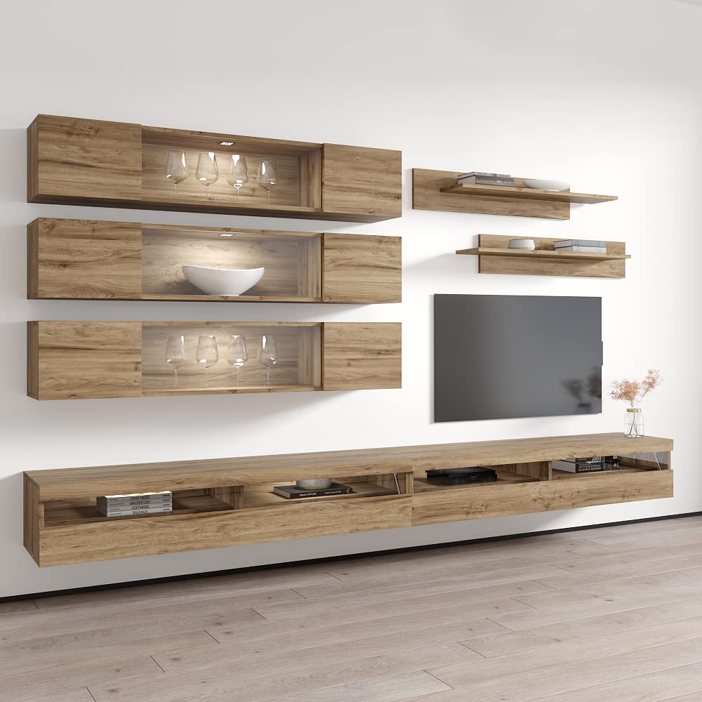 Modern Floating TV Stand with Storage & LED Lights - Wall-Mounted Entertainment Center Console for Bedroom & Living Room - Oak Wood TV Cabinet with Shelves - Perfect for Small Spaces & Home Theater Setup