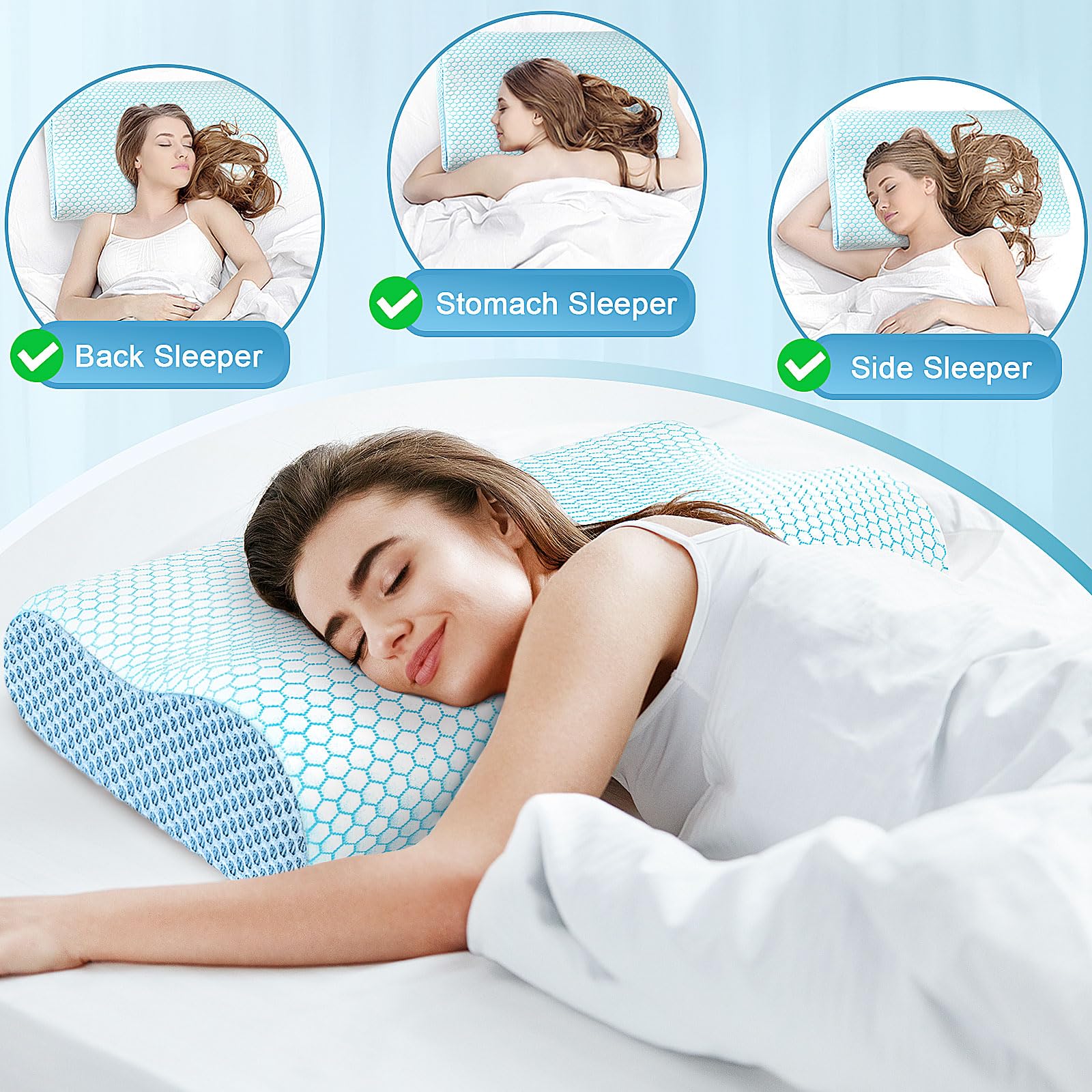 CloudBliss Memory Foam Neck Pillow for Sleeping - Ergonomic Cervical Support Pillow for Neck Pain Relief, Contoured Design for Side Back & Stomach Sleepers - Perfect for Travel, Office & Home Use (Blue, Standard Size)