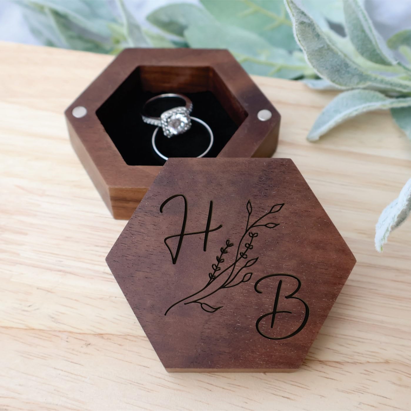 Personalized Wedding Ring Box - Engraved Hexagonal Walnut Wood Ring Holder for Proposal, Engagement & Wedding Ceremonies - Perfect Ring Bearer Gift & Keepsake Box for Couples (Design 11)