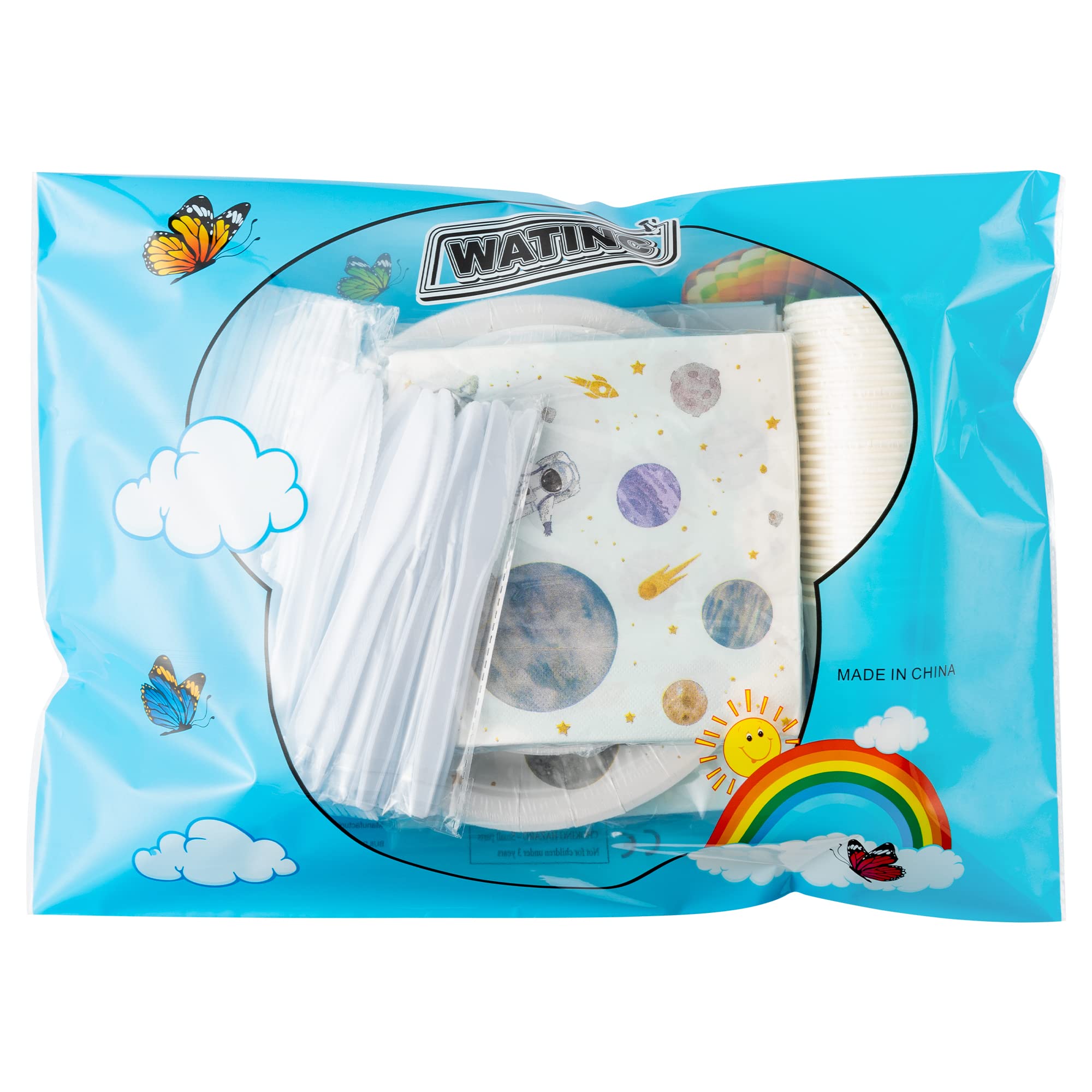 WATINC 170pcs Outer Space Birthday Party Supplies - Solar System Themed Tableware Set with Plates, Napkins, Forks, Cups, Spoons, Knives & Tablecloths for First Trip Around the Sun Celebration | Perfect for Kids Space Themed Birthday Parties, Baby Showers & Cosmic Decorations