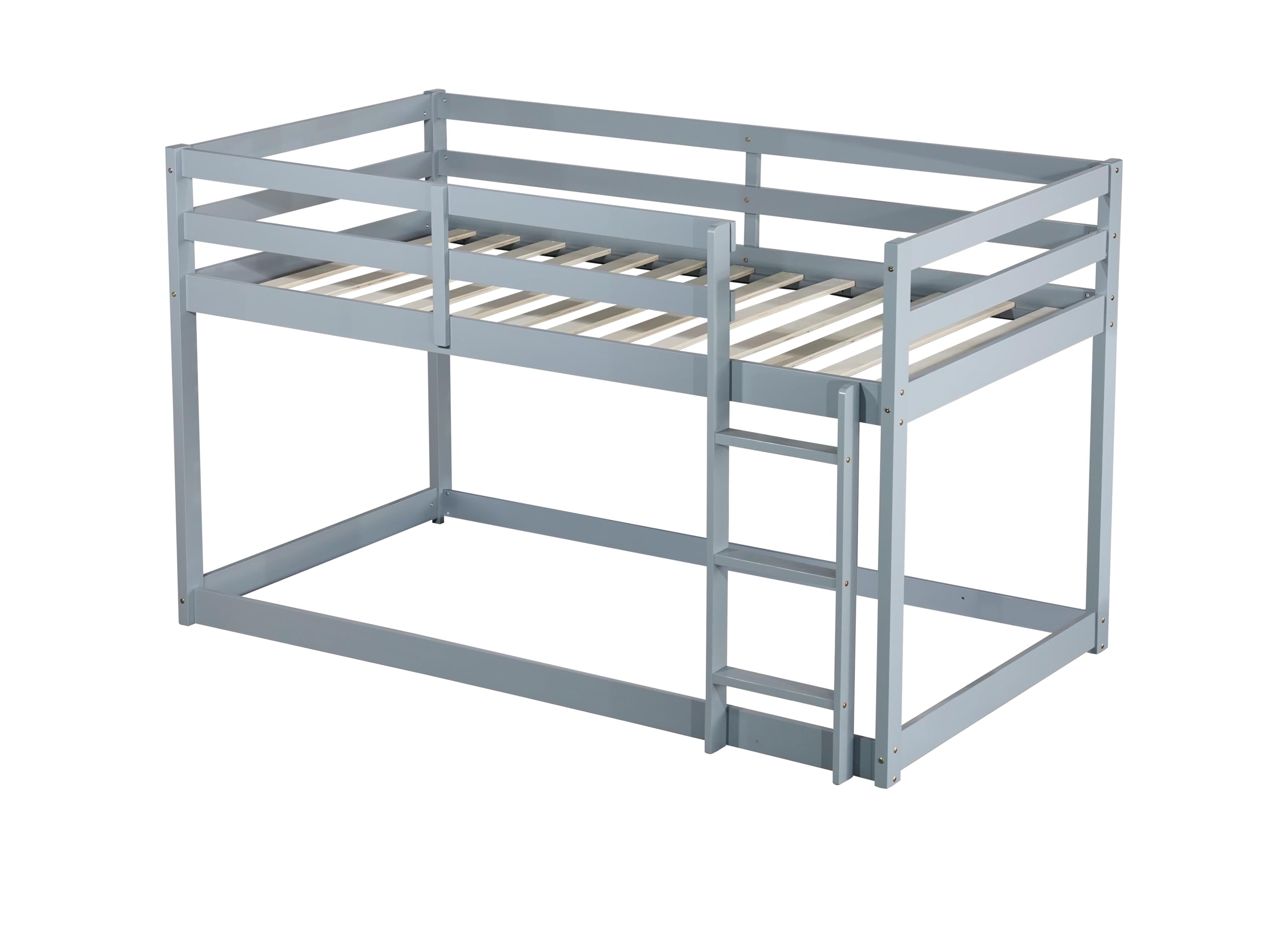 Low Bunk Beds Twin Over Twin - Sturdy Wood Floor Bunk Bed Frame with Safety Rails for Kids, Teens, Boys & Girls - Space-Saving Junior Loft Bed for Small Rooms, Dorms & Shared Kids Bedrooms - Gray