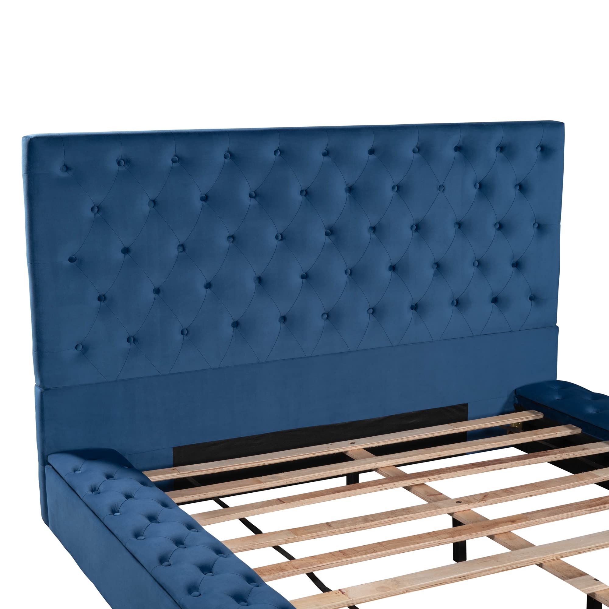 Luxury Velvet Upholstered Full Size Platform Bed with Deep Button Tufting & Side Storage - 80