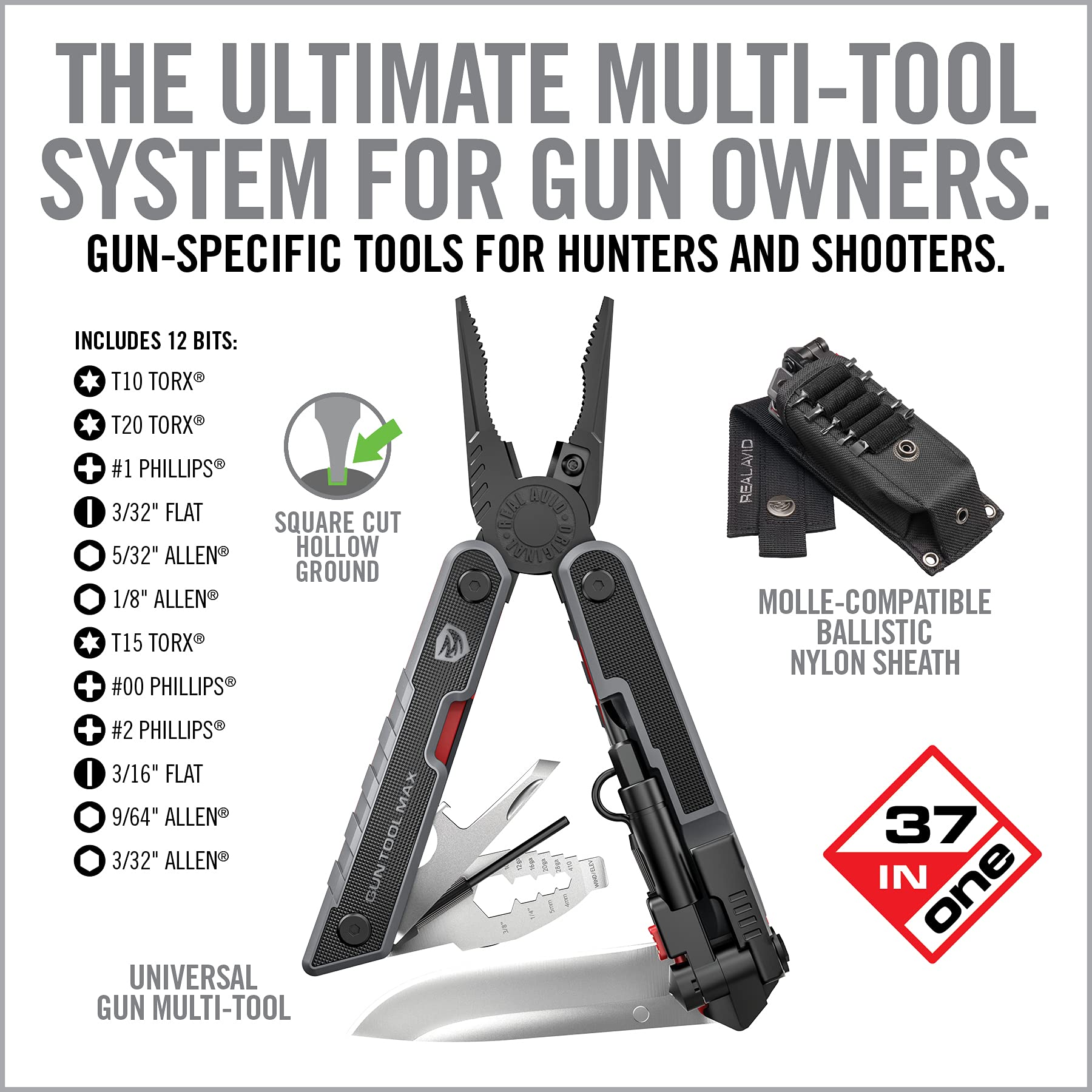 Real Avid Gun Tool Max - 37-in-1 Multitool for Gunsmithing & Firearm Maintenance | Includes Pliers, Wire Cutters, Knife Blade, Universal Choke Wrench, Bits & Wrenches | Durable Sheath Included | Ideal EDC Tool for Hunting, Shooting Range & Gun Owners (Black)