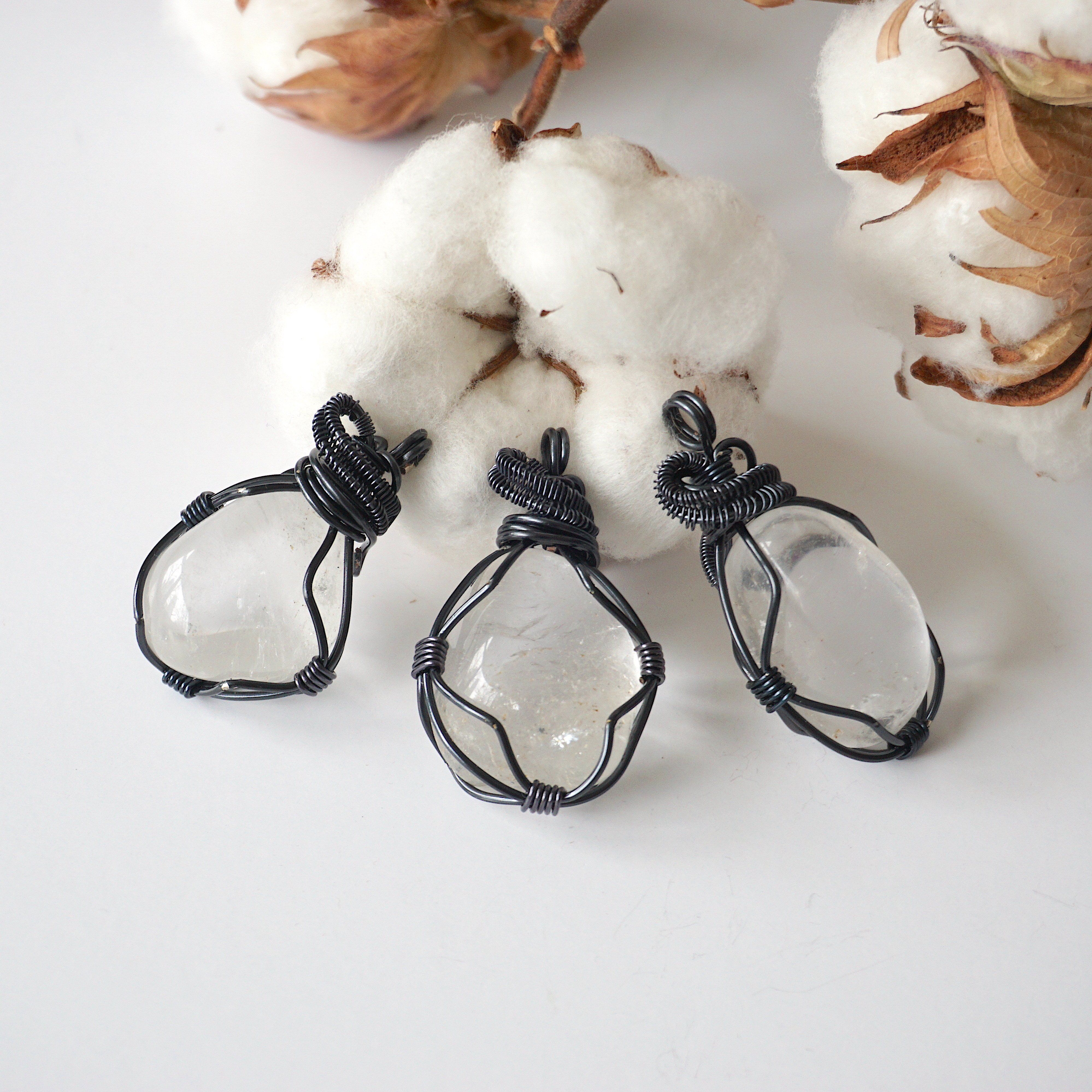 Natural Clear Quartz Pendant Necklace with Gunmetal Wire Wrap - Healing Crystal Jewelry for Meditation, Energy Cleansing & Spiritual Protection