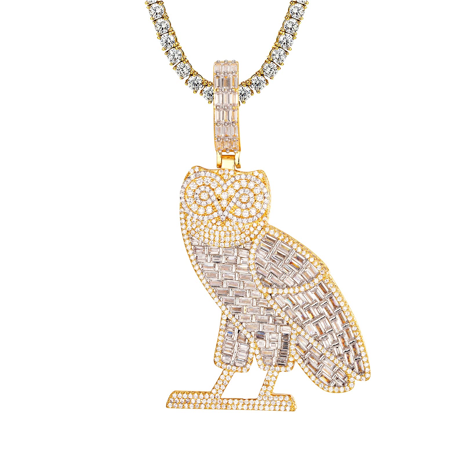 Men's Iced Out Baguette Owl Micro Pave Pendant Chain in Yellow Gold Tone - Hip Hop Jewelry for Custom Bling | Perfect for Rappers, Performers & Streetwear Fashion