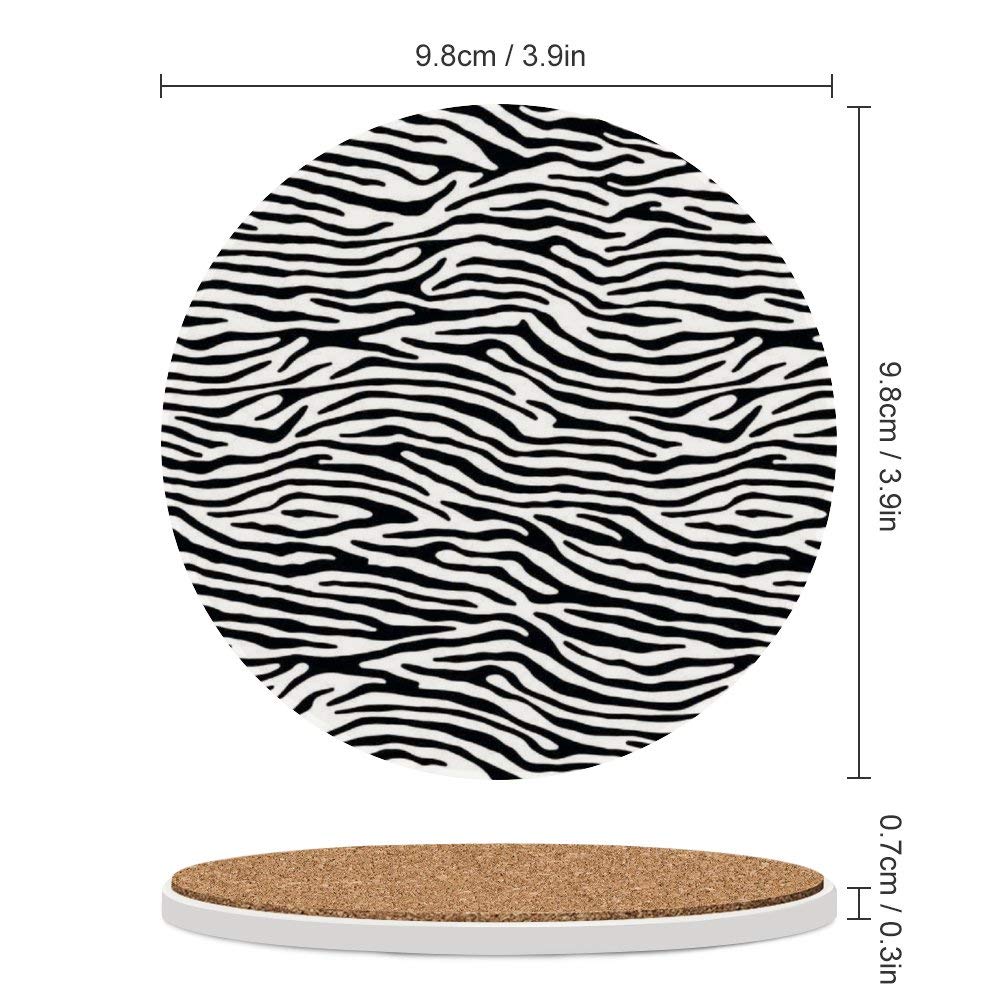 Zebra Print Ceramic Coasters Set of 2 - Absorbent Round Drink Coasters with Cork Base for Coffee Cups & Glasses - Black and White Bar & Farmhouse Home Decor for Dining Table, Coffee Table & Kitchen Use
