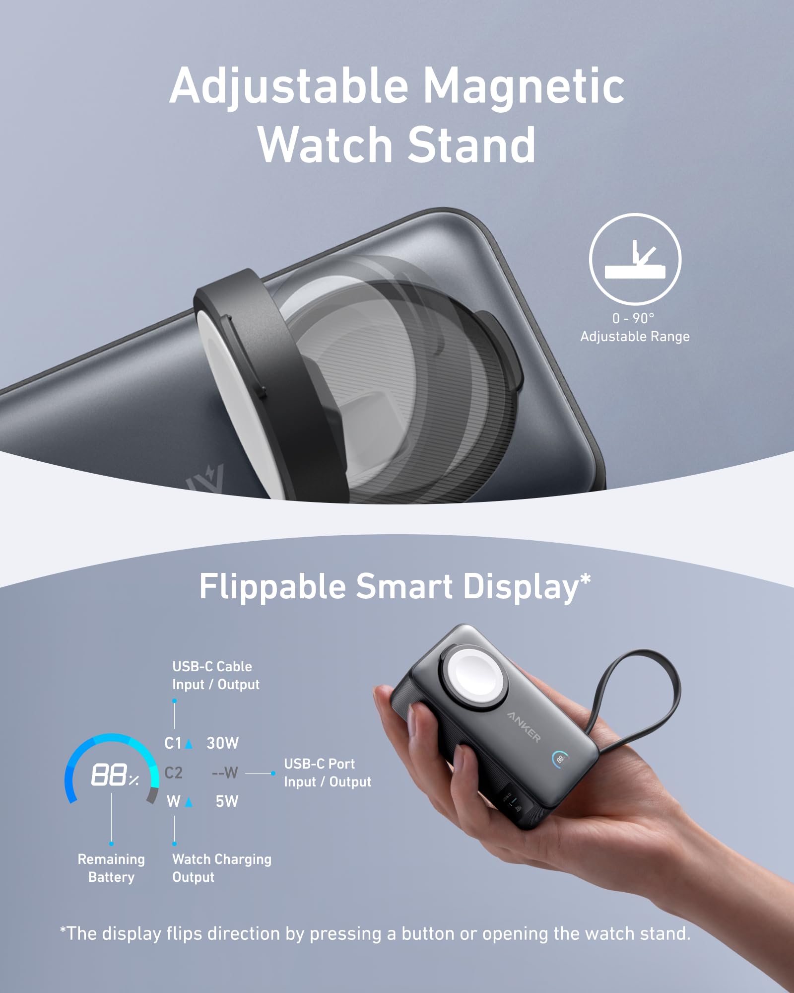 Anker MagGo Power Bank 10,000mAh Portable Charger for Apple Watch, iPhone 15 Series, Samsung, iPad & AirPods - MFi Certified Magnetic Wireless Charger with Built-in USB-C Cable (35W Max) - Perfect for Travel, Camping & Emergency Power Backup