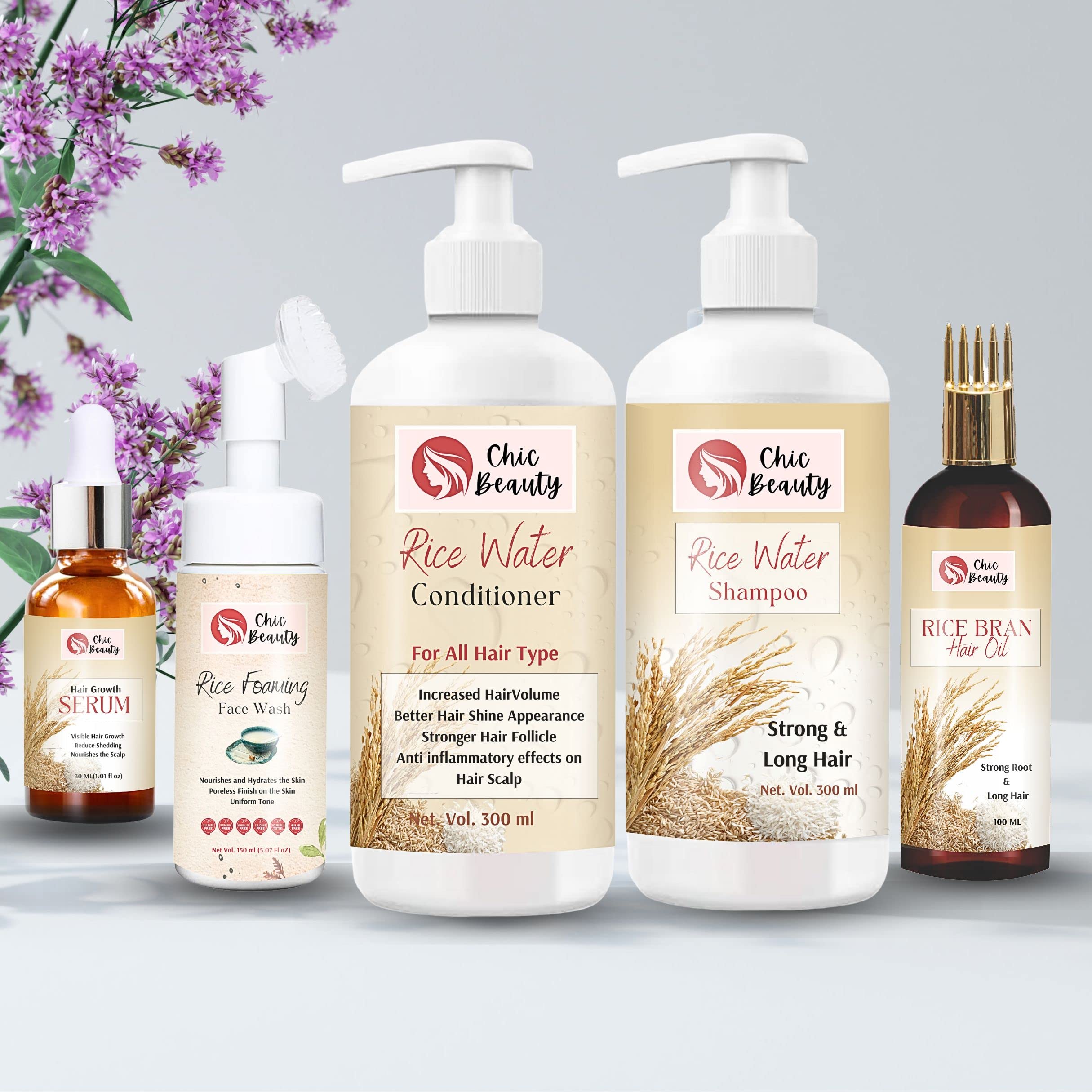 Chic Beauty Rice Water Hair & Skincare Combo Kit - Hair Oil (100ml), Face Wash with Silicone Brush (150ml), Shampoo (300ml), Conditioner (300ml) & Hair Growth Serum (30ml) for Strong Roots & Long Hair | Perfect for Daily Hair Care Routine & Scalp Nourishment