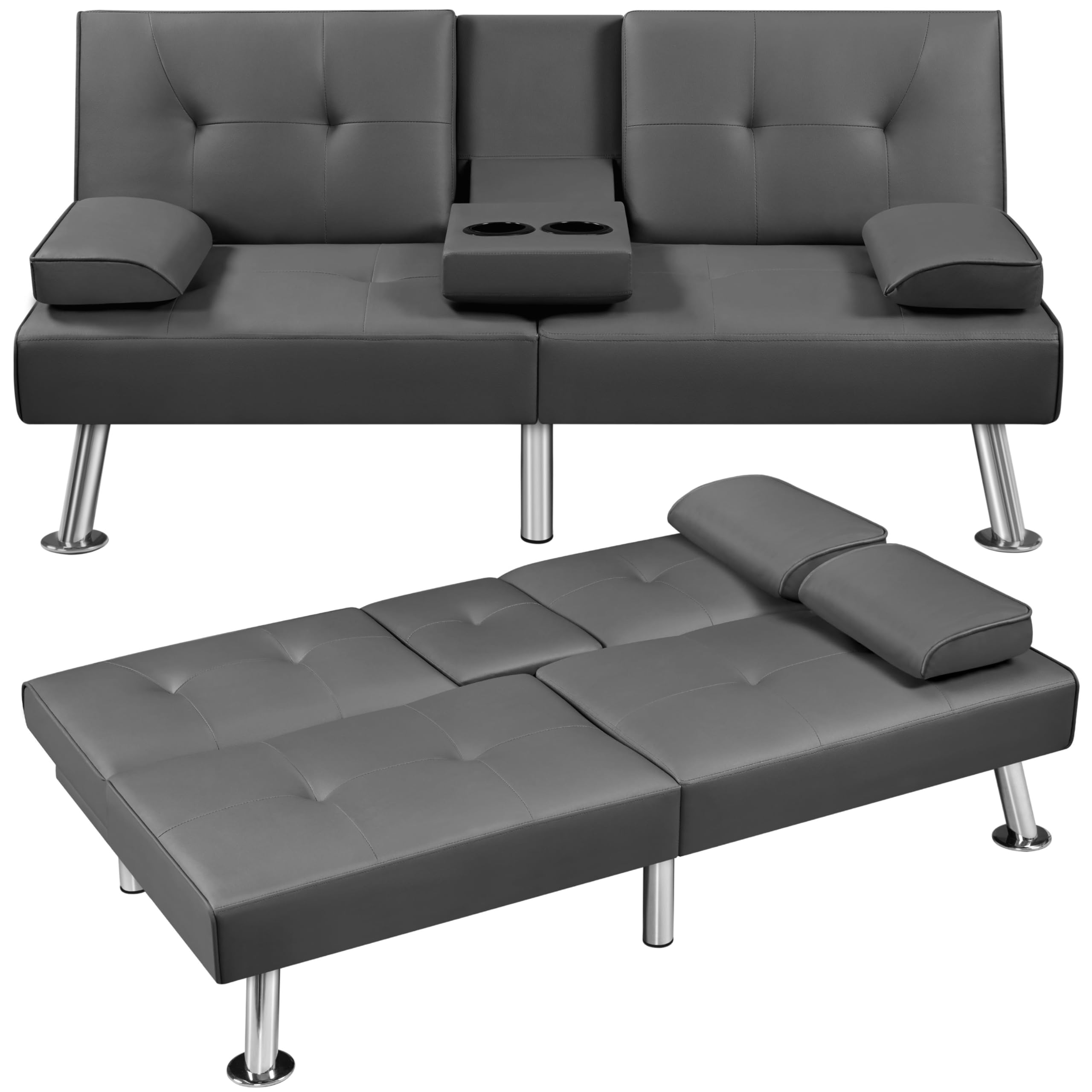 Yaheetech Convertible Sofa Bed - Adjustable Folding Couch Sleeper with Removable Armrests & Cup Holders, 3 Reclining Angles, 772lb Weight Capacity, Modern Faux Leather Loveseat for Living Room, Guest Room & Small Spaces (Gray) - Perfect for Apartments, Dorms and Home Offices