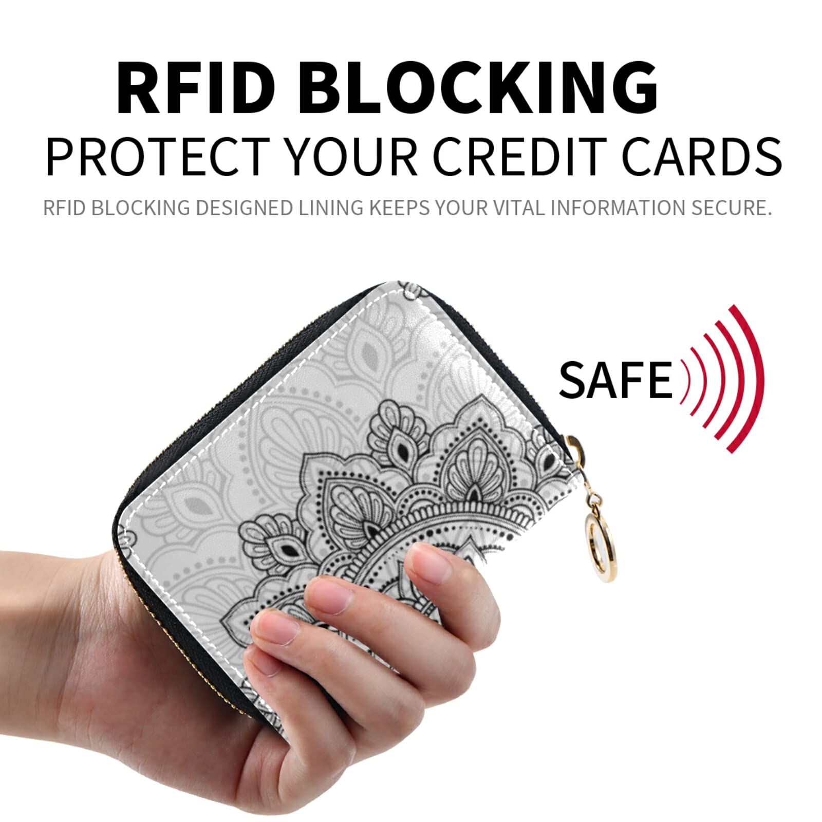 Ethnic Oriental Mandala RFID Blocking Credit Card Wallet - Microfiber Leather Zipper Card Case Holder for Women - Perfect for Travel, Shopping & Everyday Use
