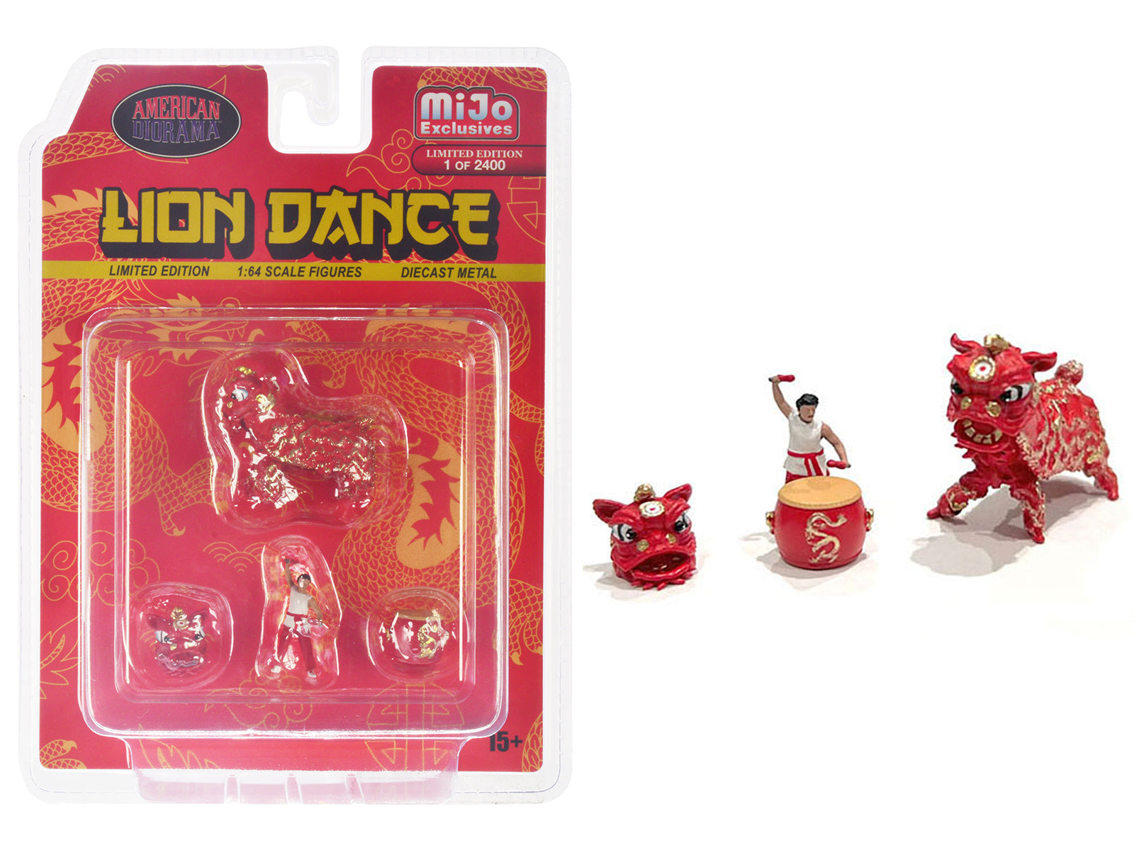 Limited Edition Lion Dance 4-Piece Diecast Figure Set (1 Figure, 1 Lion, 2 Accessories) - 1/64 Scale Model by American Diorama - Only 2400 Worldwide - Perfect for Chinese New Year Decorations & Collectors Display