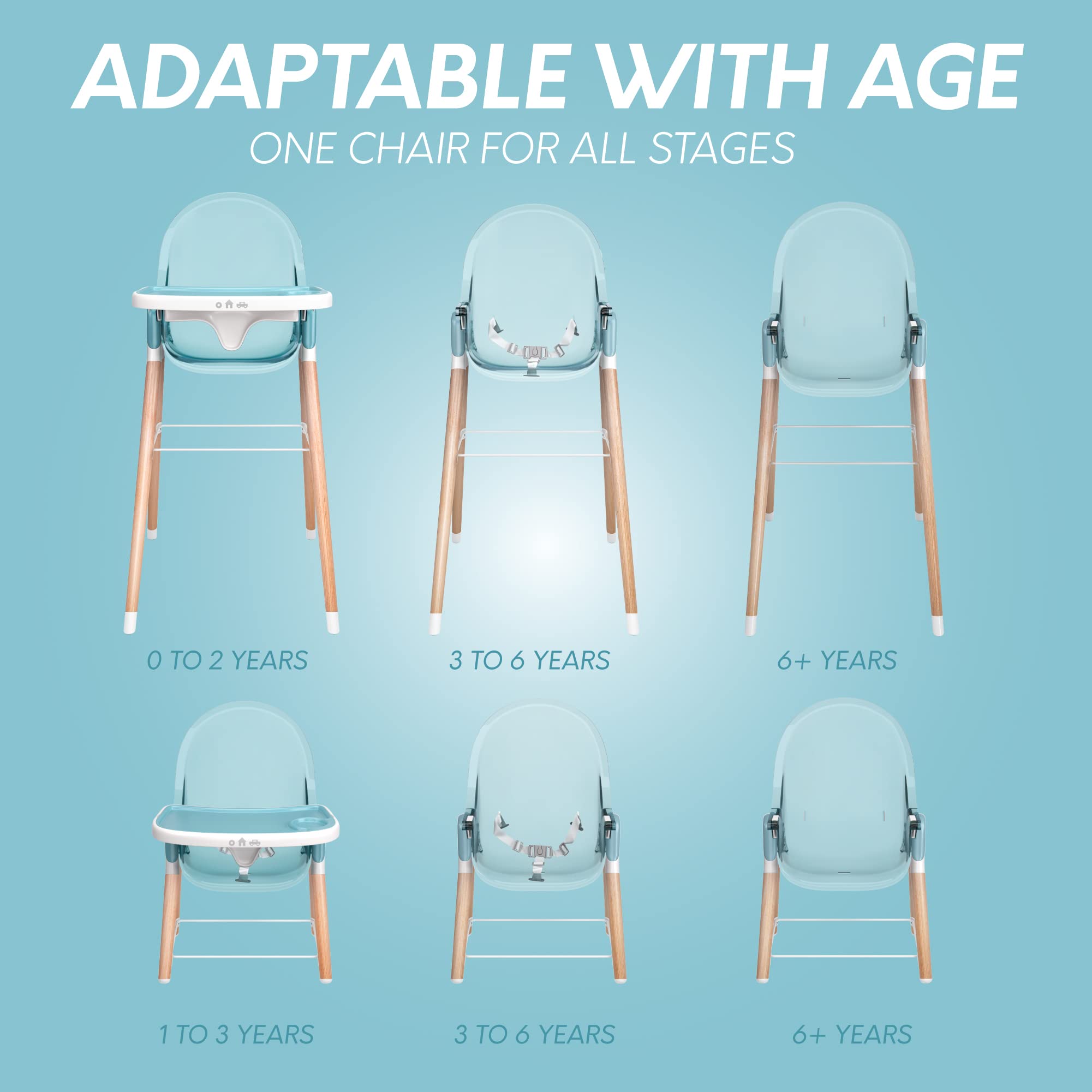 6-in-1 Deluxe Wooden High Chair for Babies & Toddlers - Modern Safe Compact Baby Highchair with Removable Tray | 3 Seat Positions & 2 Height Adjustments | Easy to Clean & Assemble | Nursery, Dining Room & Outdoor Use (Blue)