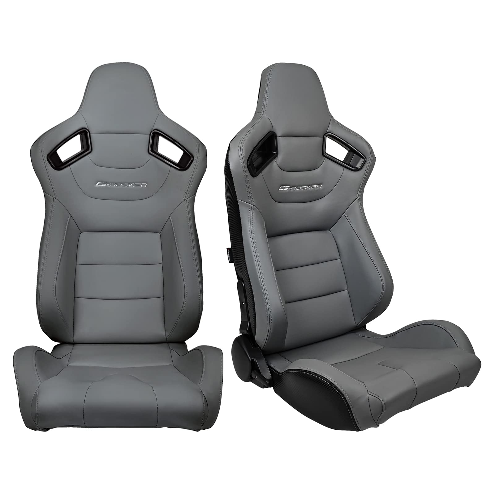 FREEMOTOR802 Universal Racing Seats - Reclinable Sport Car Seats with Dual Lock Sliders, Adjustable Bucket Seats (1 Pair for Driver & Passenger) - PU & Carbon Fiber Fabric in Gray with Logo - Perfect for Racing, Drifting & Performance Car Upgrades