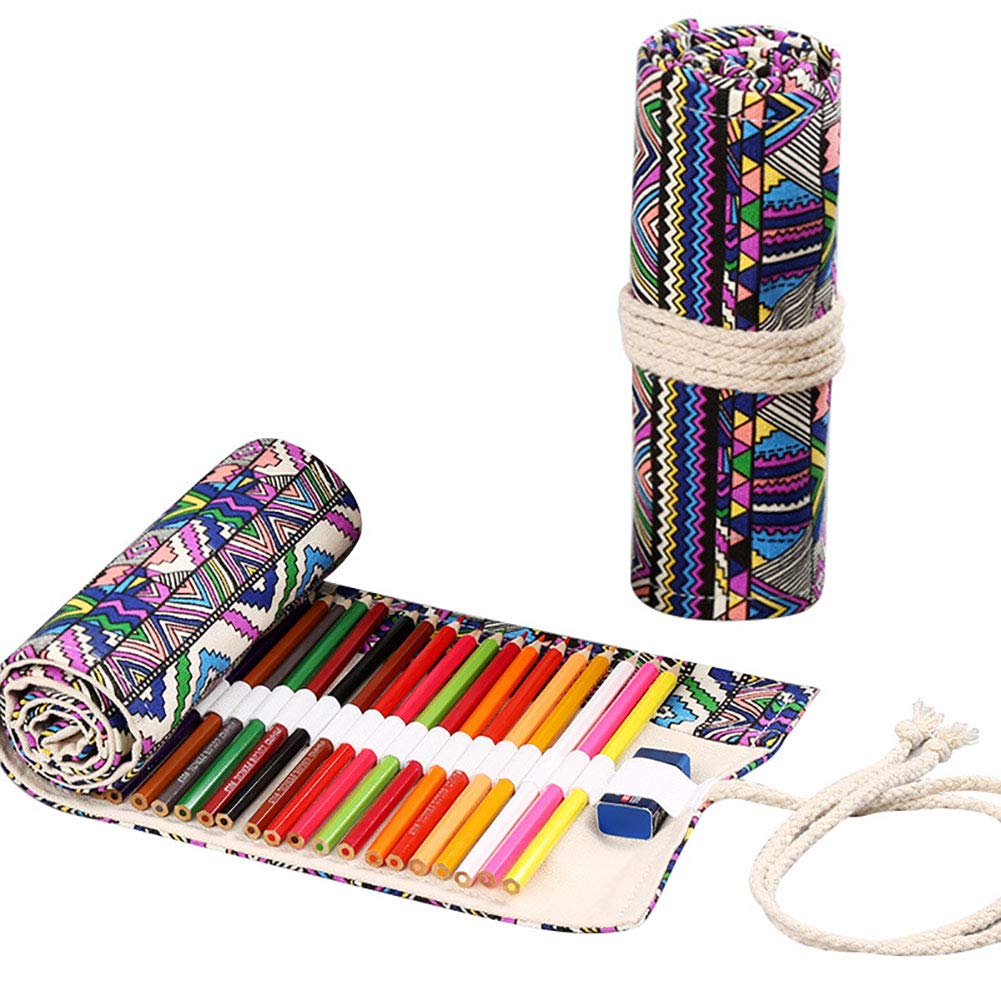 MOIKY Handmade Canvas Pencil Wrap Case - Large Capacity 72 Slots Roll-up Storage Organizer for Colored Pencils, Drawing Supplies & Art Tools | Perfect for Artists, Students & Travel | Bohemian Style Pencil Pouch