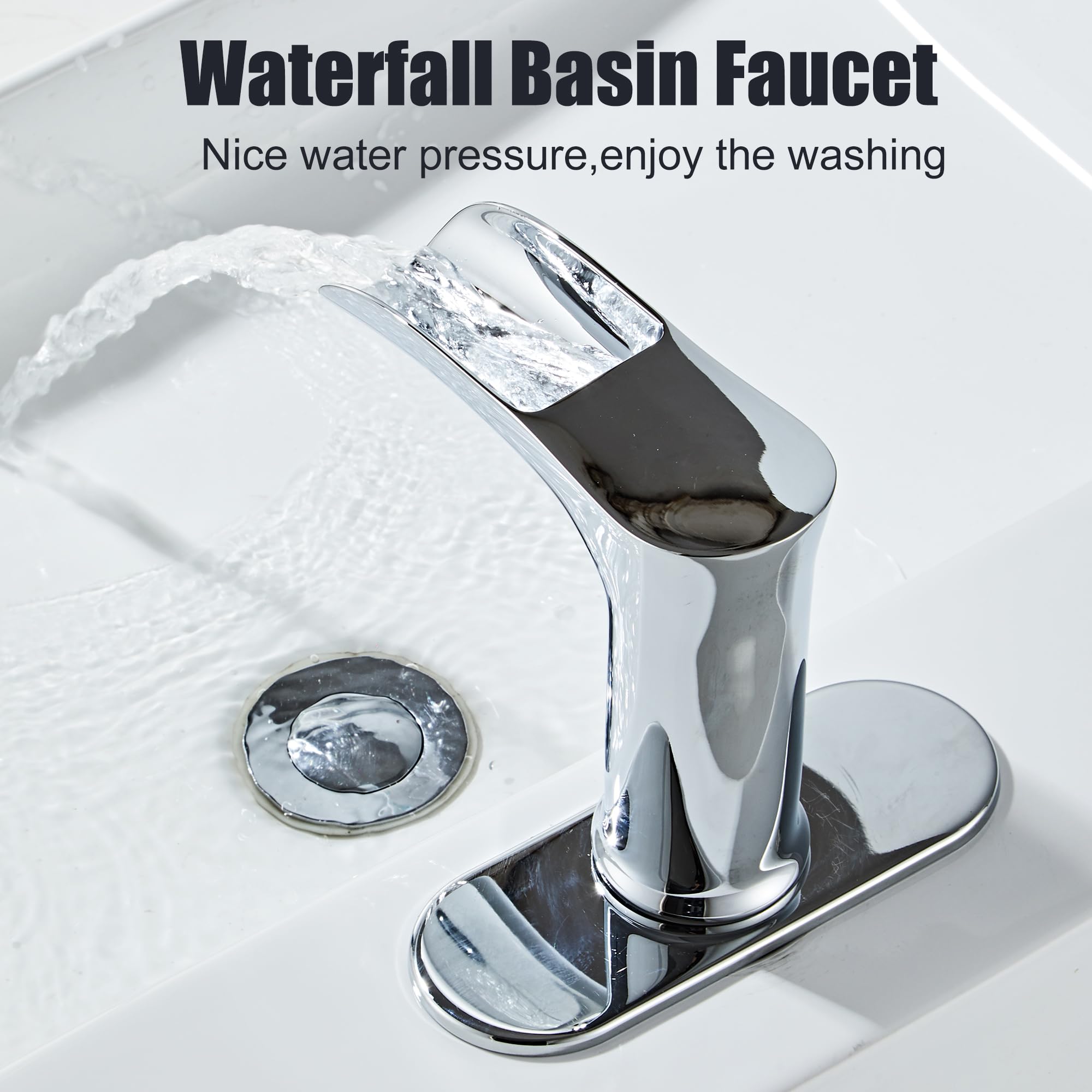 Automatic Sensor Faucet - Touchless Waterfall Bathroom Sink Faucet with Deck Plate (Chrome) | Hands-Free for Hygiene, Perfect for Home & Public Restrooms