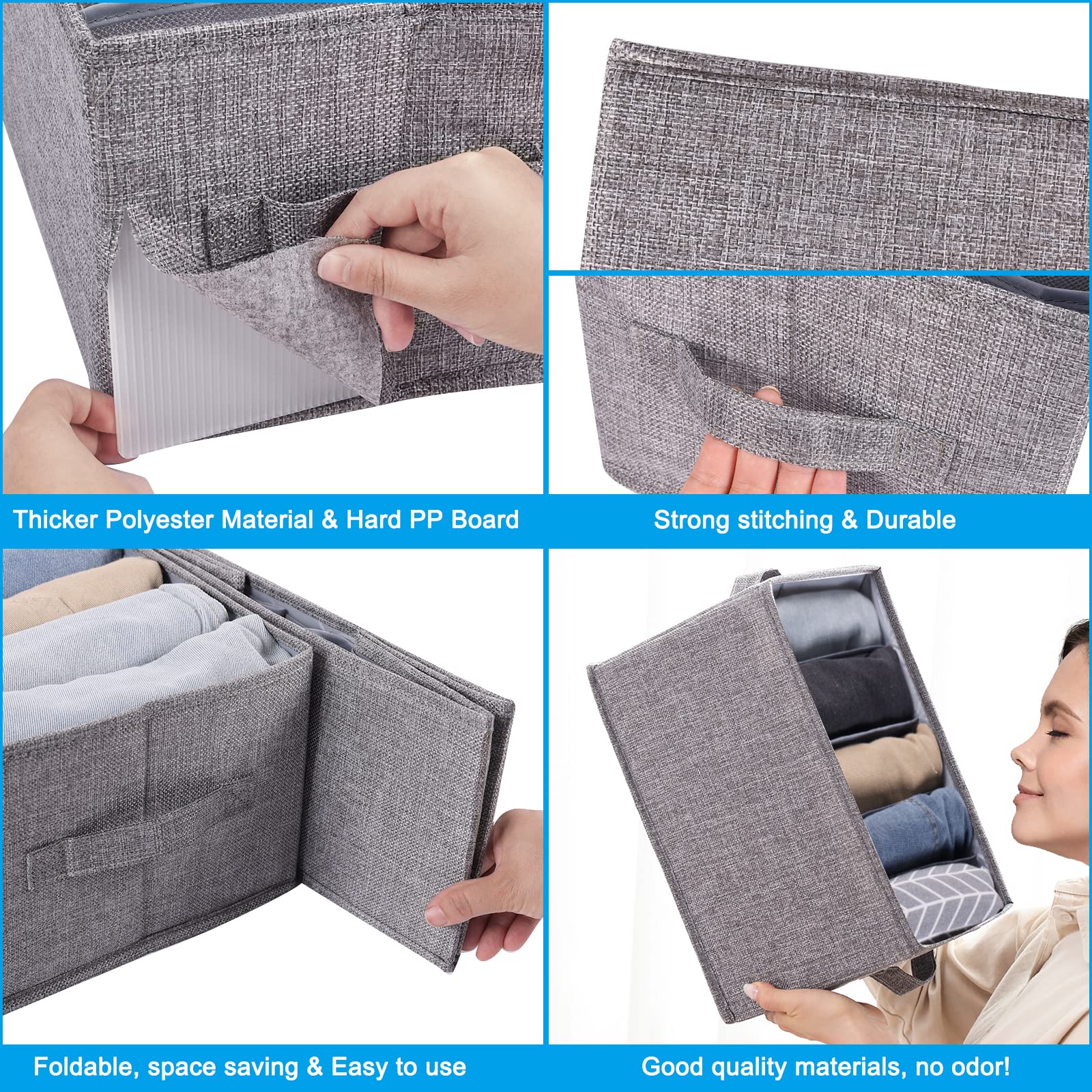 Foldable 5-Grid Drawer Organizer for Clothes - Washable Wardrobe Storage Bins for Jeans, Pants & Sweaters | Space-Saving Closet Solution for Bedroom, Dorm & Travel (4-Pack, Gray)