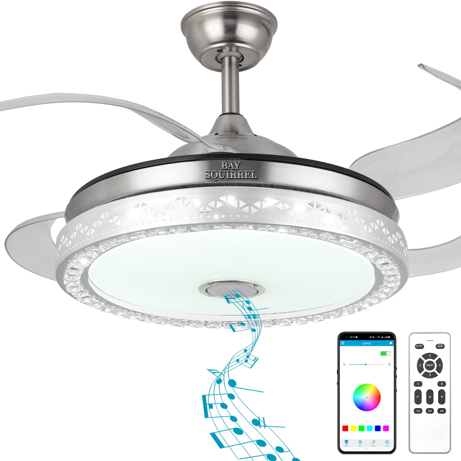 BAYSQUIRREL Retractable Bluetooth Ceiling Fan with Speaker & 85 Color LED Lights - 6 Speed Reversible Modern Invisible Fan with Remote & APP Control - Perfect for Bedroom, Living Room, and Home Theater