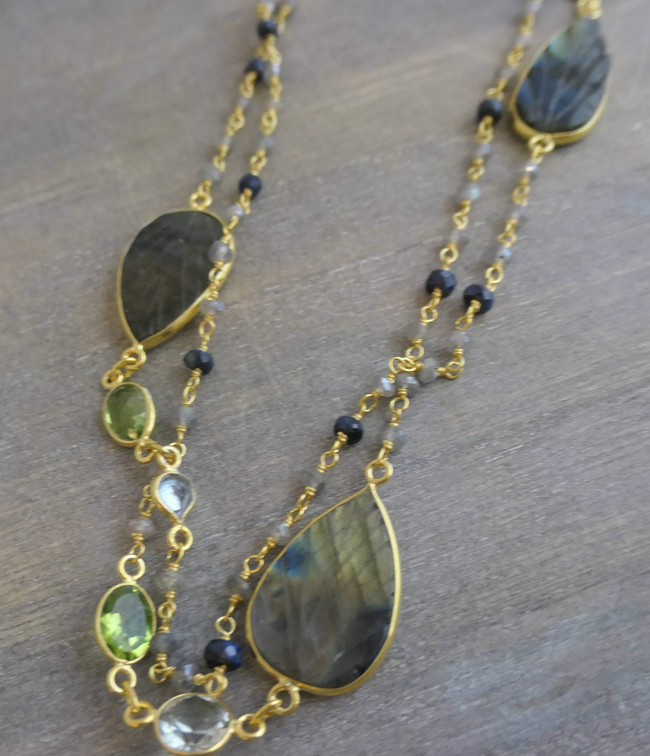 Handmade Labradorite Blue Topaz Peridot Gold Plated Sterling Silver Necklace 107cm - Natural Gemstone Jewelry for Women | Perfect Birthday, Bridal, Wedding & Mother's Day Gift - Elegant Everyday Wear & Special Occasion Accessory