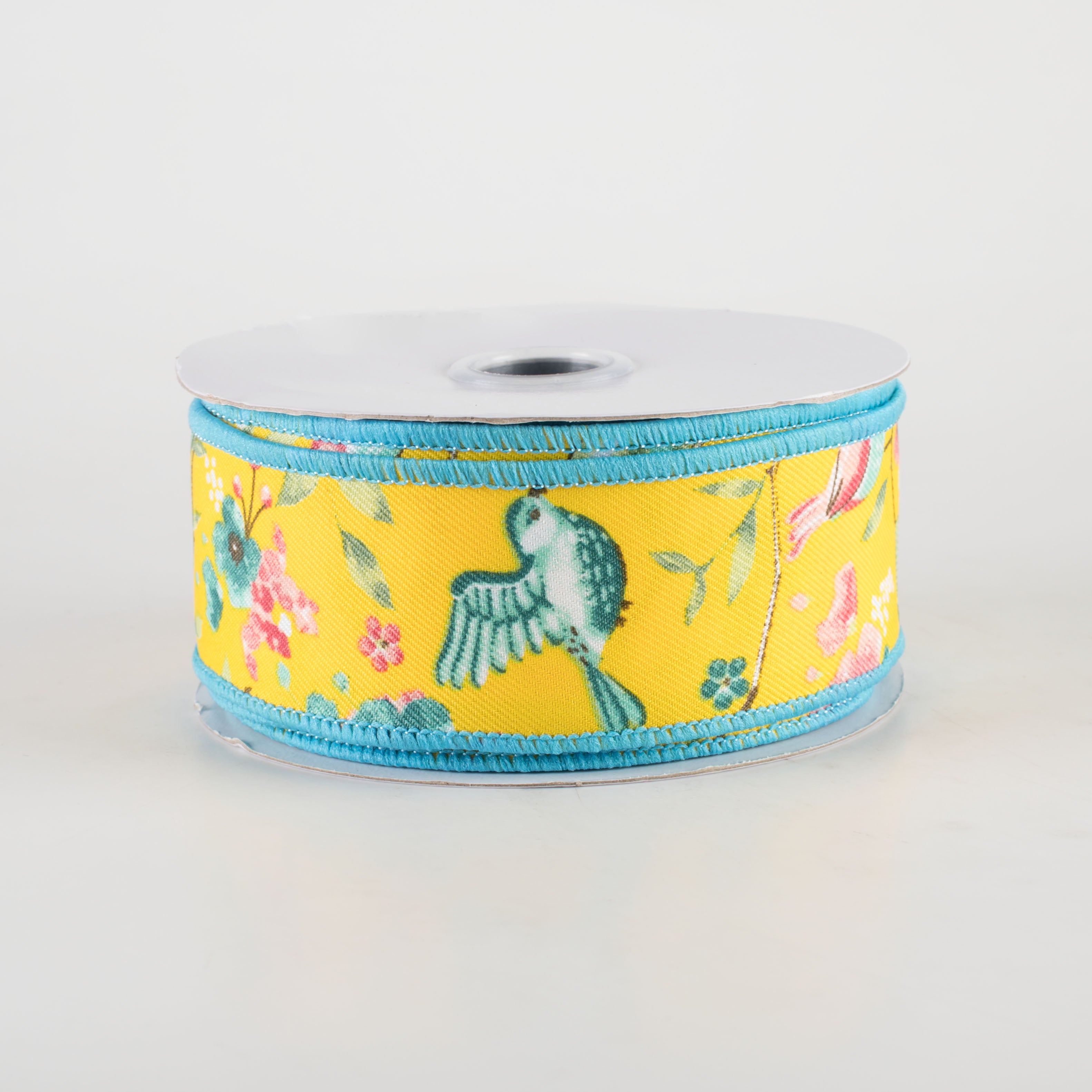 1.5 Inch Floral Branch Bird Ribbon - Yellow, Turquoise, Pink (10 Yards) - Perfect for DIY Crafts, Gift Wrapping, Scrapbooking & Home Decor