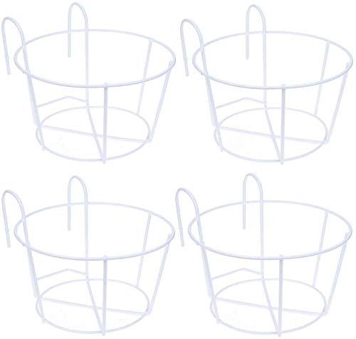 4 Pack Hanging Planters for Railings - Metal Flower Pot Holders with Iron Stand, Balcony Garden Plant Baskets for Outdoor Decor, Fence & Deck Rail Planter (Round Steel Pots) - Perfect for Patio, Porch, and Urban Gardening Spaces