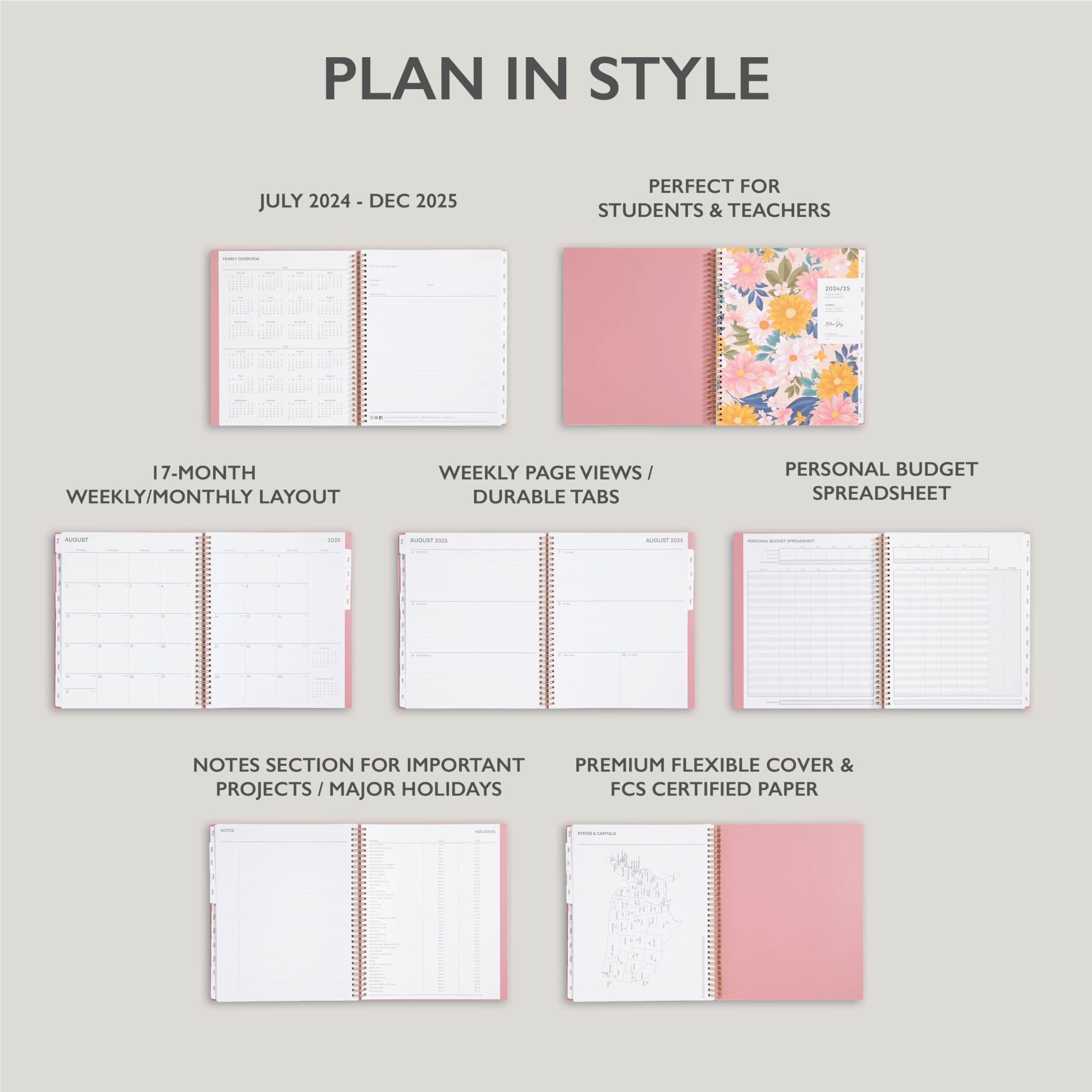 Blue Sky 17-Month Academic Planner 2024-2025 | August 2024 - December 2025 | 8.5